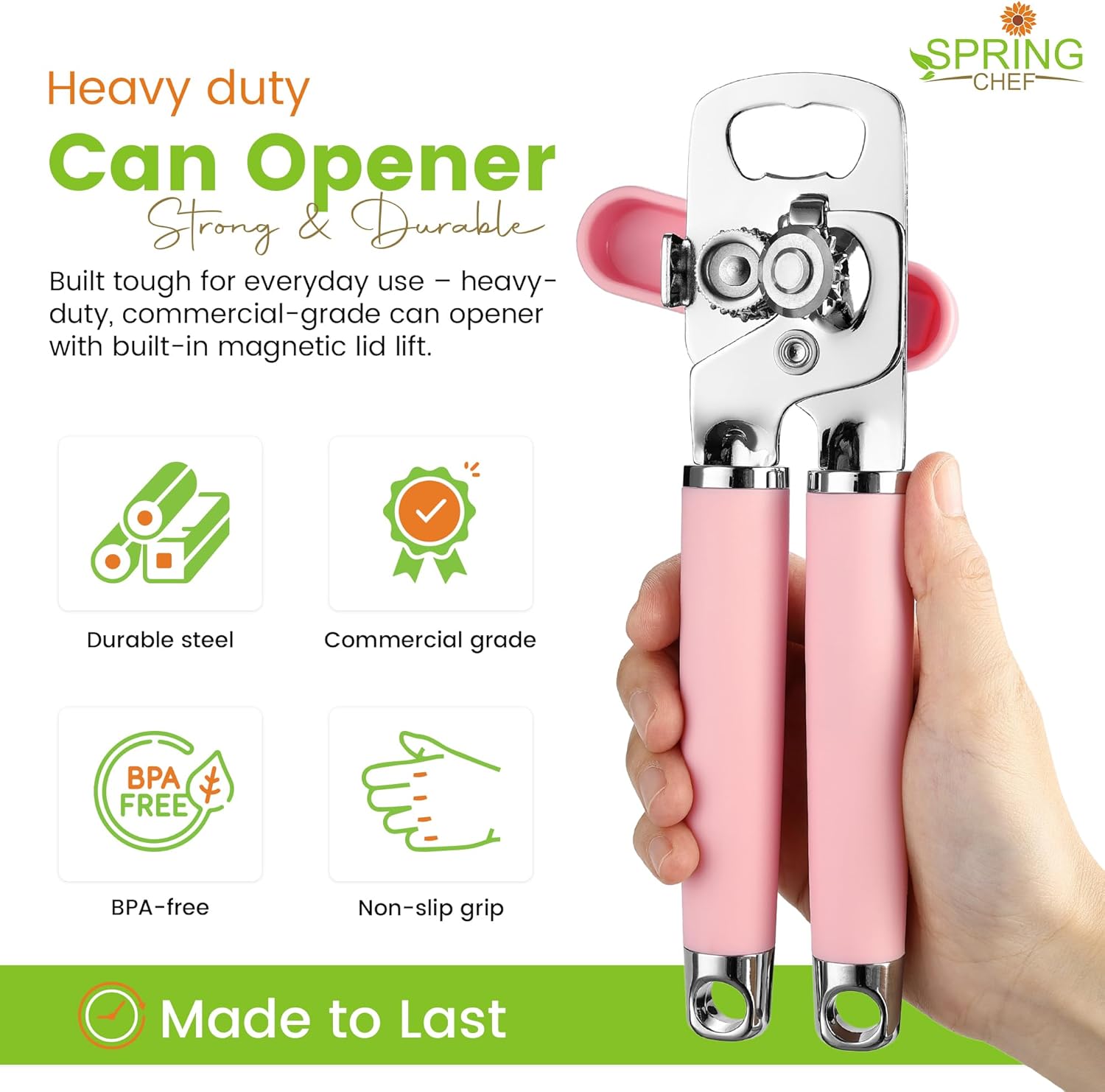 Spring Chef Stainless Steel Pink Can Opener - Manual with Soft Grip Handles & Magnetic Lid Remover, Easy Turn, Heavy Duty Hand Can Openers for Seniors with Smooth Edge