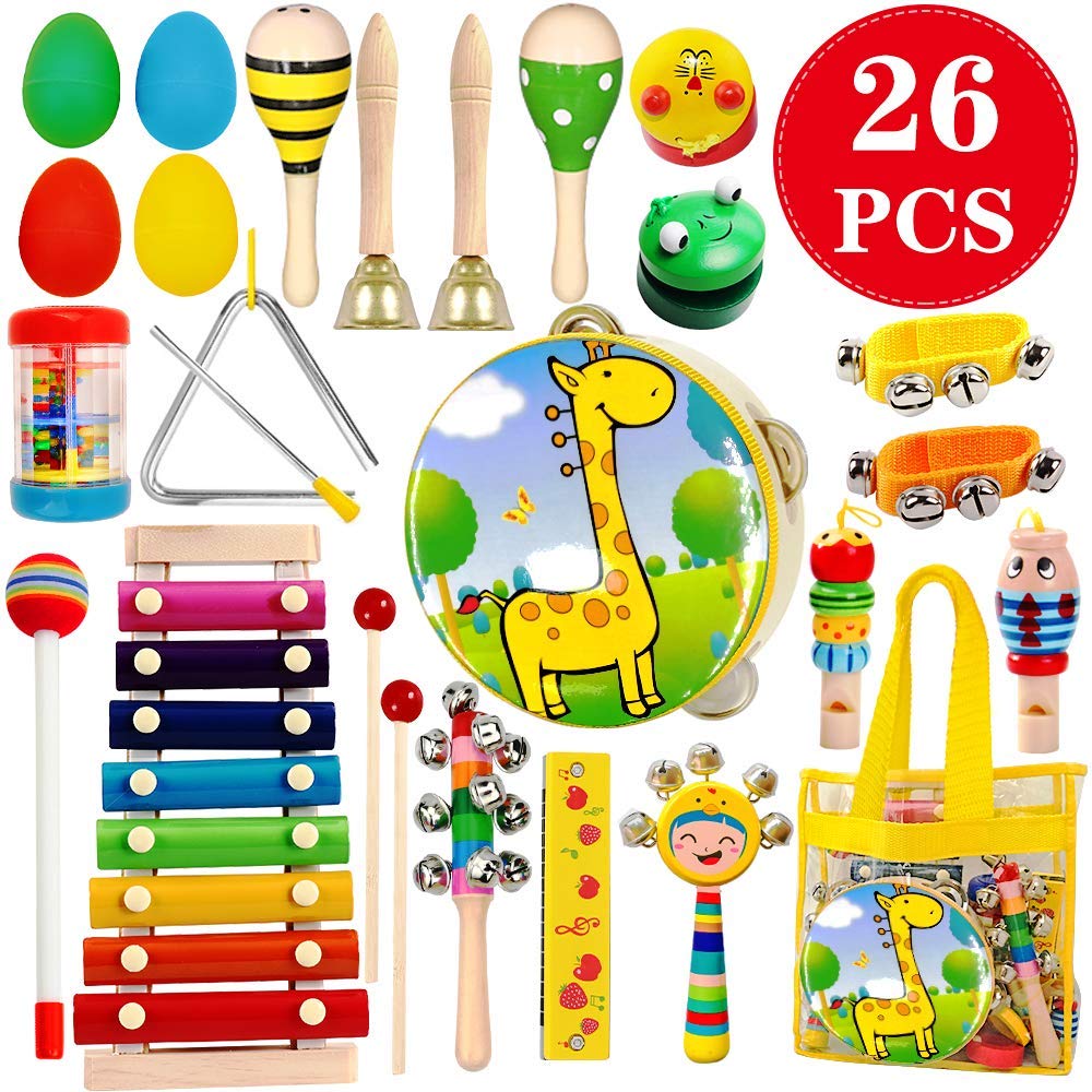 ToyerBee Musical Instruments Toys Set for Kids,26 PCS Wooden Percussion Instruments for Toddlers, Preschool& Educational Music Toy with Storage Bag for Children, Animal Tambourine, Maracas&More