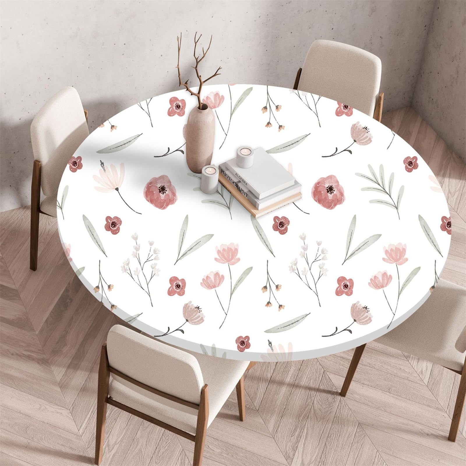 Muiuou Round Tablecloth, Flower Printing Waterproof Wipeable Table Cover Elastic Edge, Reusable Round Table Cover Cloth, Fitted Kitchen Restaurant Home Decoration