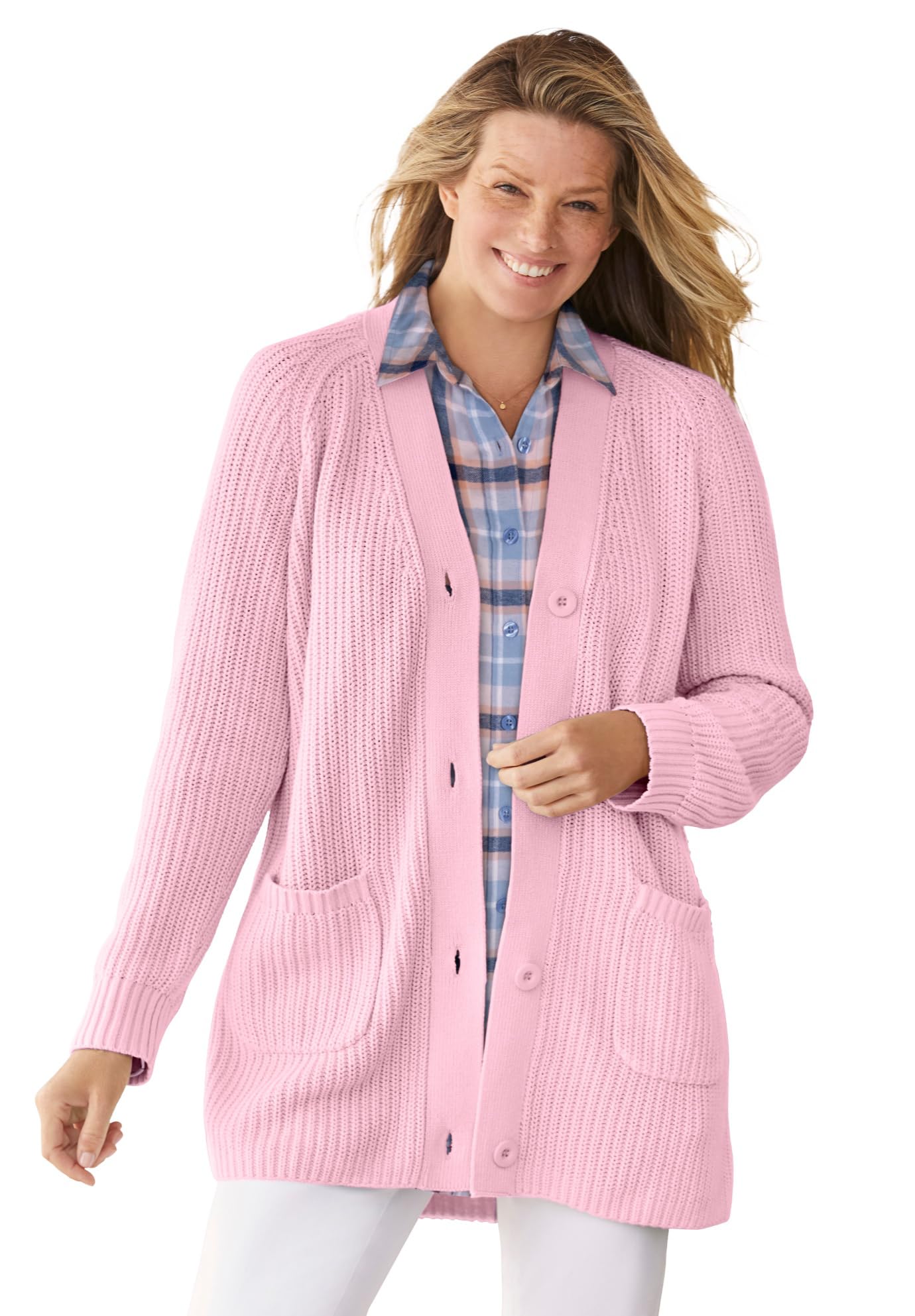 Woman Within Shaker Button-Front Cardigan Sweater