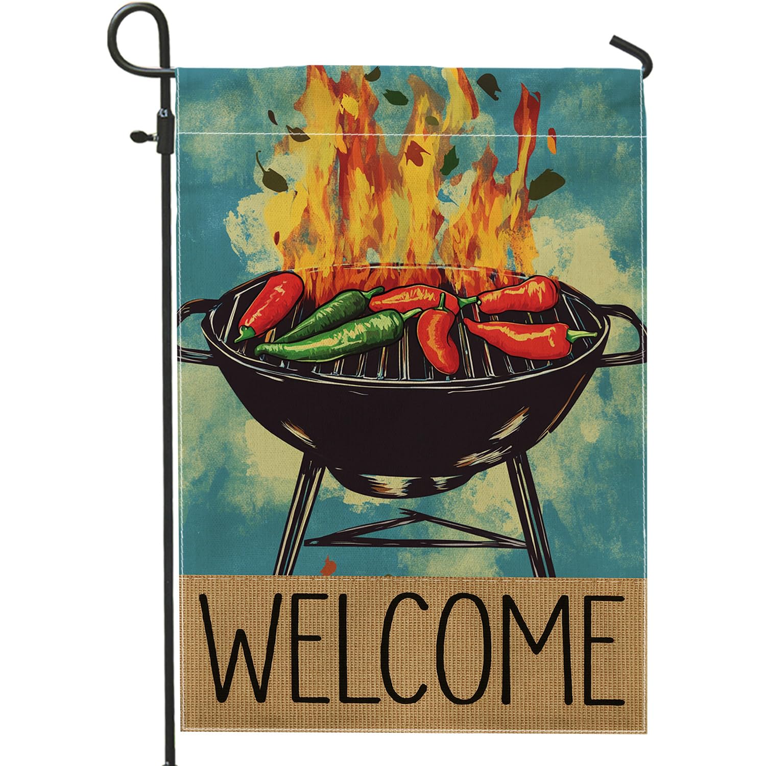 Barbecue Grill Garden Flag, Spicy Chili Grilling Fire Retro Outdoor Welcome Banner, Double Sided Burlap Yard Flag Summer Party Lawn Decoration 12x18 Inch