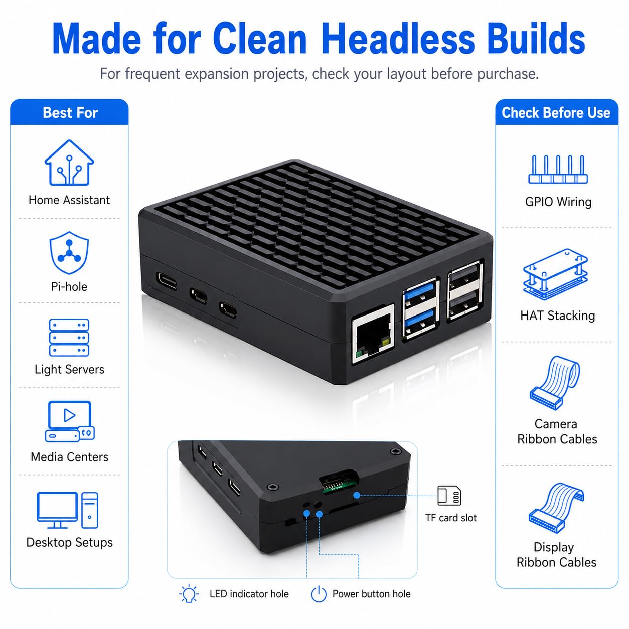 iUniker Carcasa de aluminio para Raspberry Pi 5, carcasa de metal pasiva resistente compatible con Raspberry Pi 5 disipador de calor para Pi 5 16GB/8GB/4GB/2GB