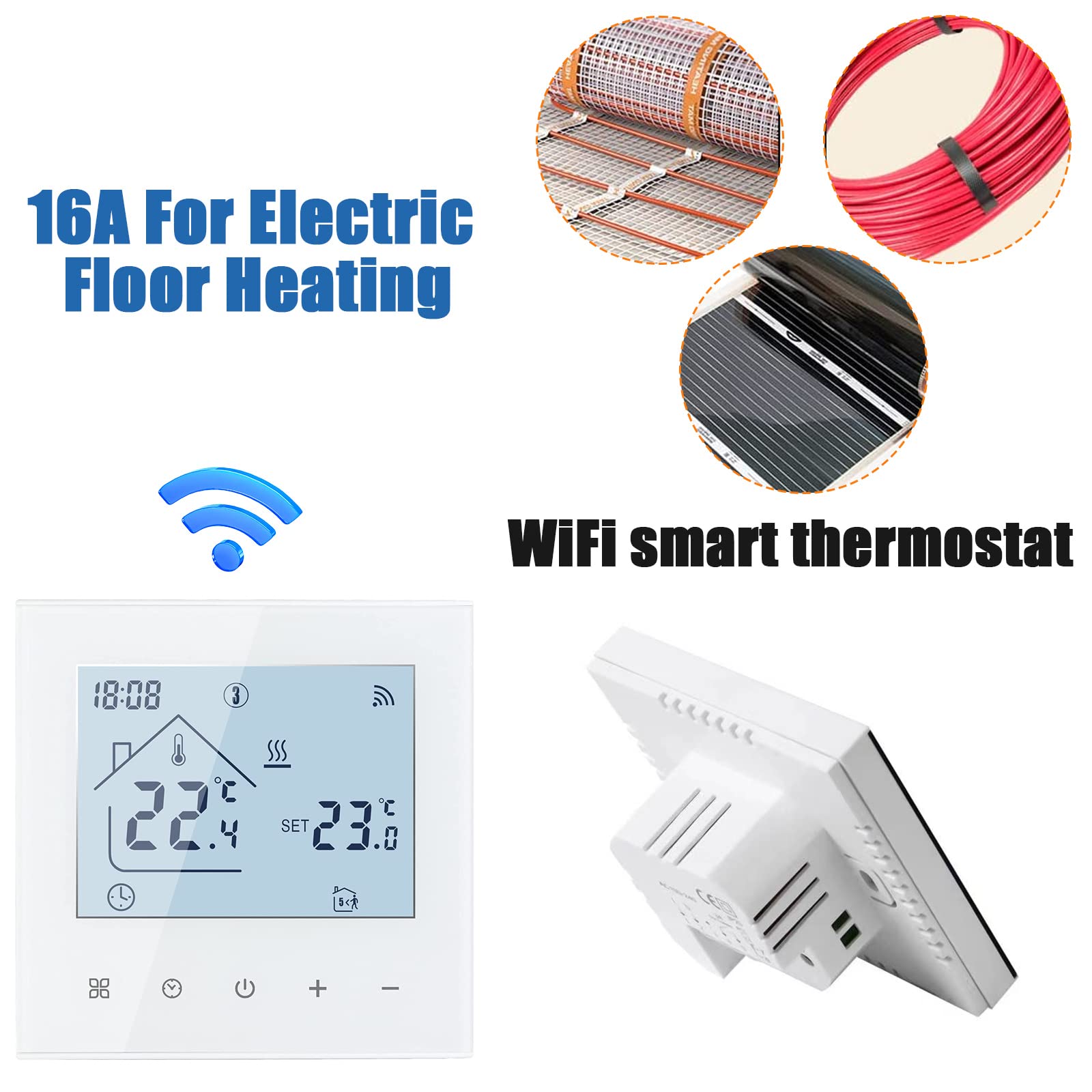 Smart wifi-thermostaat voor elektrische voetbodemverwarming, 16 A, digitaal touchscreen, kamerthermostaat, temperatuurregelaar, 230 V, compatibel met