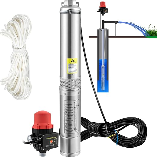 VEVOR Pompa d'Acqua Sommergibile 550W Flusso 50L/min in Acciaio Inox, per Pozzi Profondi 230V Prevalenza Max. 89m, con Interruttore di Pressione