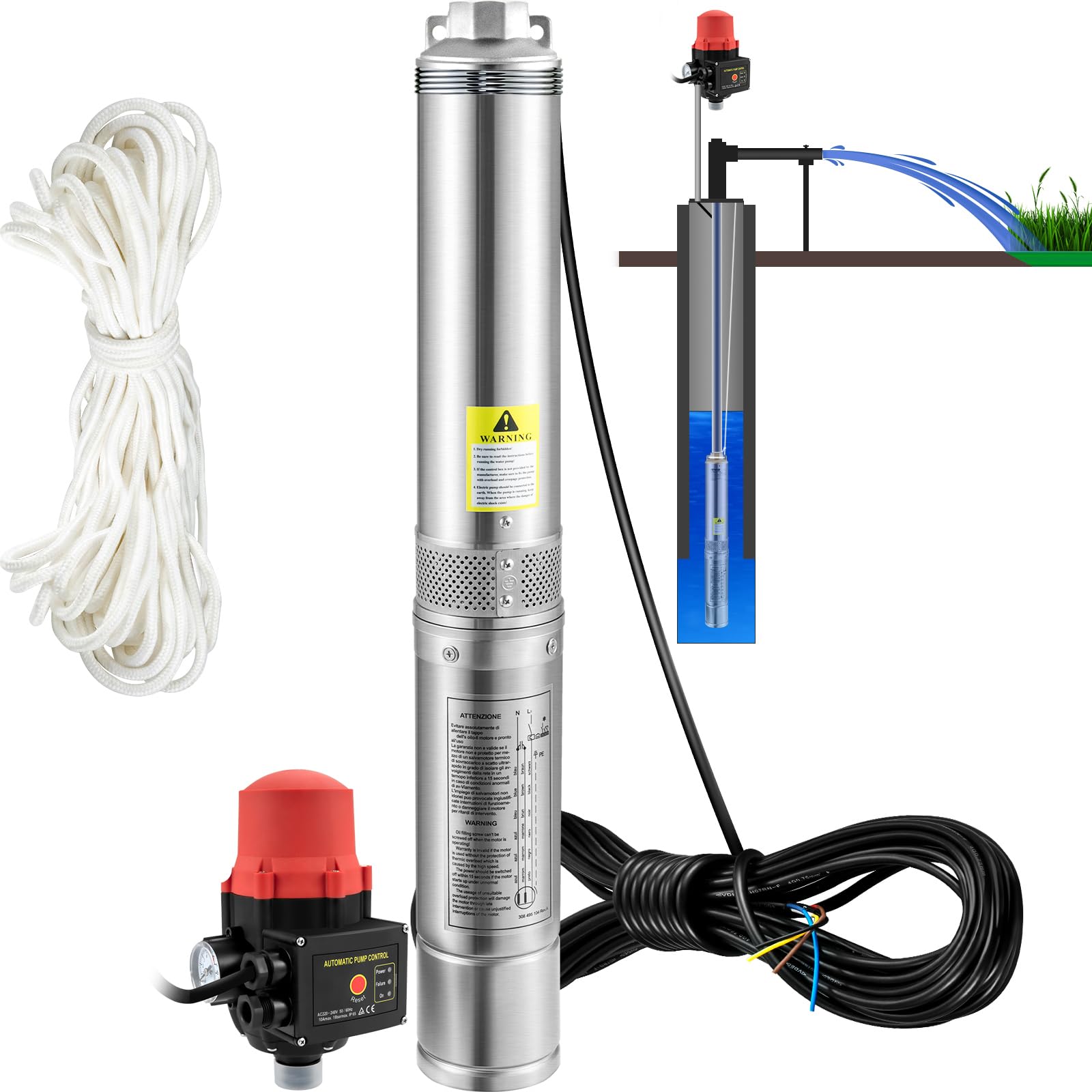VEVOR Tiefbrunnenpumpe 3 Zoll – 550 W, 50 L/min, 89 m Förderhöhe, Edelstahlrahmen, IP68