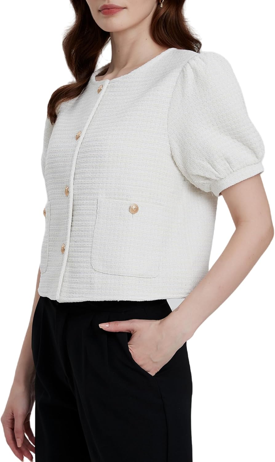 Women's Tweed Blazers Jackets Cropped Puff Short Sleeve Collarless Work Suits Coat with Pockets - Image 4