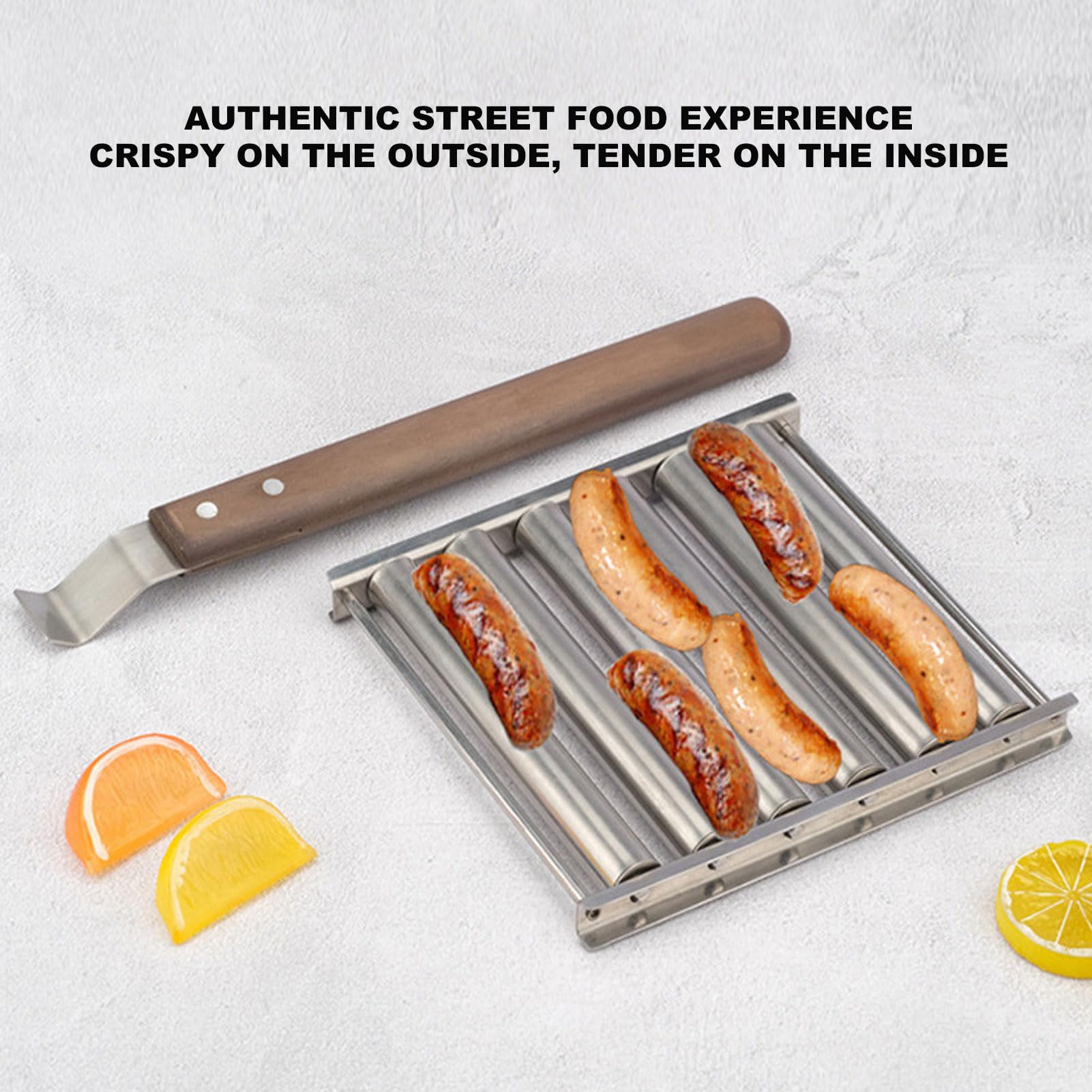 Fdit Hot-Dog-Roller für Mädchen, Abnehmbarer Hot-Dog-Wurstroller aus Edelstahl, Dampfgarer mit Extra Langem Holzgriff, BBQ-Hot-Dog-Roller für Gleichmäßiges Garen (L)