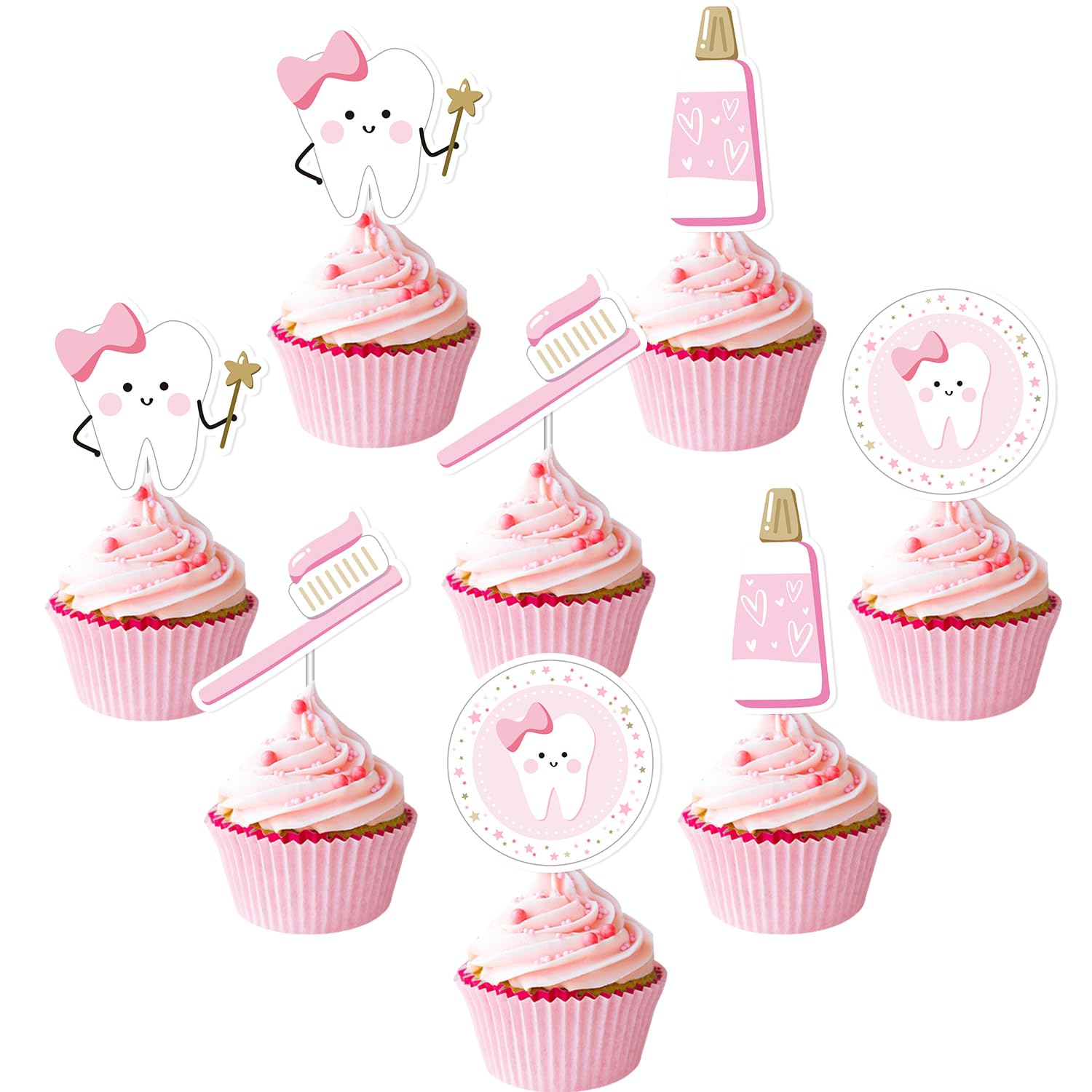 36Pcs Tooth Cupcake Toppers Pink First Tooth Cake Decorations Dental Themed Baby Shower Cupcake Toppers Dentist Party Decor for Girls Dental