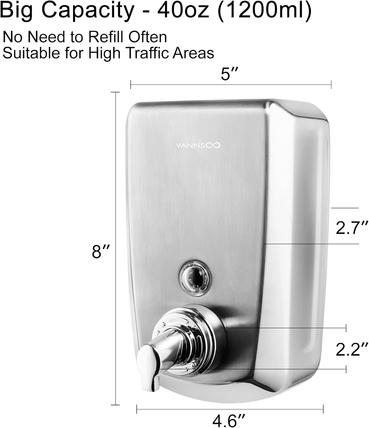 Commercial Wall Mount Stainless Steel Foam Soap Dispenser, 40 oz (1200ml) Industrial Refillable Foaming Hand Sanitizer Dispensers for Bathroom and Kitchen Brushed - Image 3