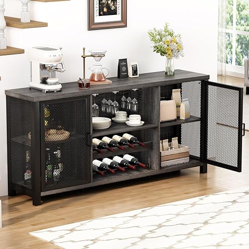 Miniatura 33 de Launica Gabinete de bar de vino negro, gabinete de barra de café con almacenamiento, gabinetes de buffet de cocina de granja con estante para café