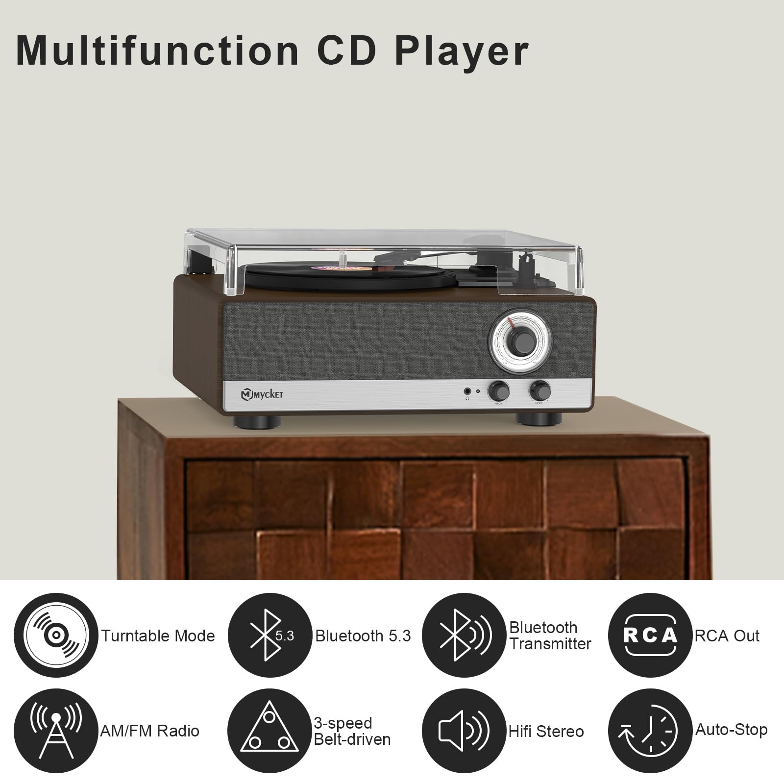 Mycket Giradischi in vinile Bluetooth 5.3 con altoparlanti integrati, vintage, giradischi con 3 marce, 33/45/78 U,AM/FM, trasmettitore Bluetooth, RCA Out, Auto-Stop