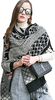 DANA XU 100% Merino Wool Pashmina Shawl for Women 96"x43", Oversized Cashmere Wrap with Tassels, Floral Travel Blanket Cape
