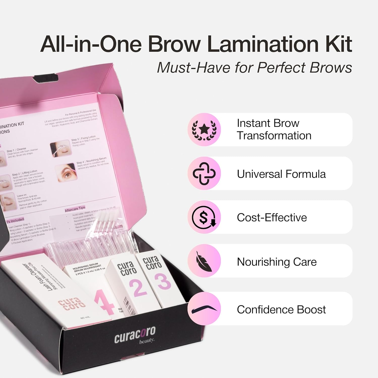 Curacoro Brow Lamination Kit, Professional Eyebrow Lamination & Brow Lift Kit with Keratin, 4-Step DIY for Fuller Brows, Long-Lasting Up to 8 Weeks