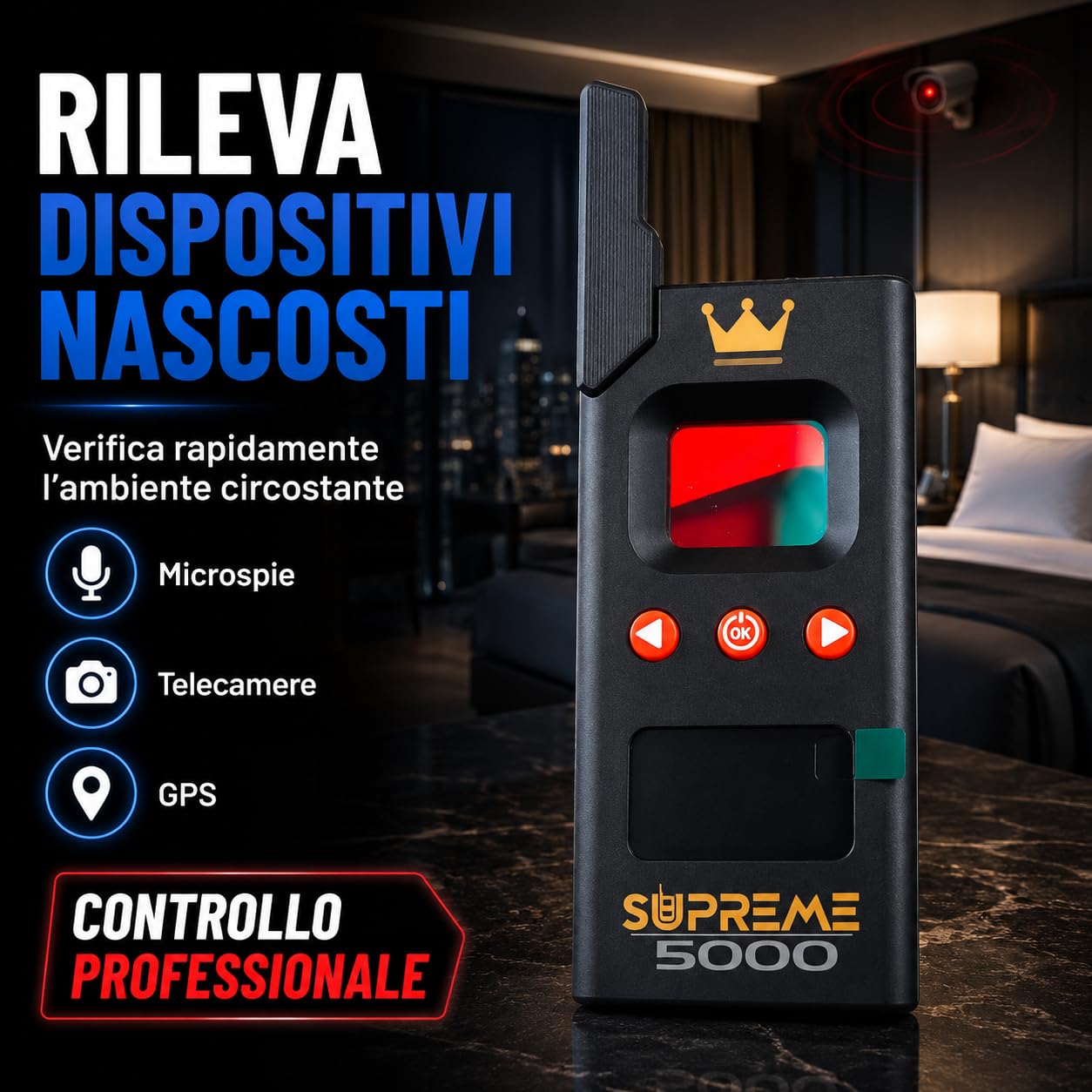 Rilevatore Professionale di Microspie, Telecamere Nascoste e GPS - Dispositivo Portatile Avanzato con Alta Sensibilità per Rilevare Segnali Wireless in Auto Uffici Casa - Supreme 5000