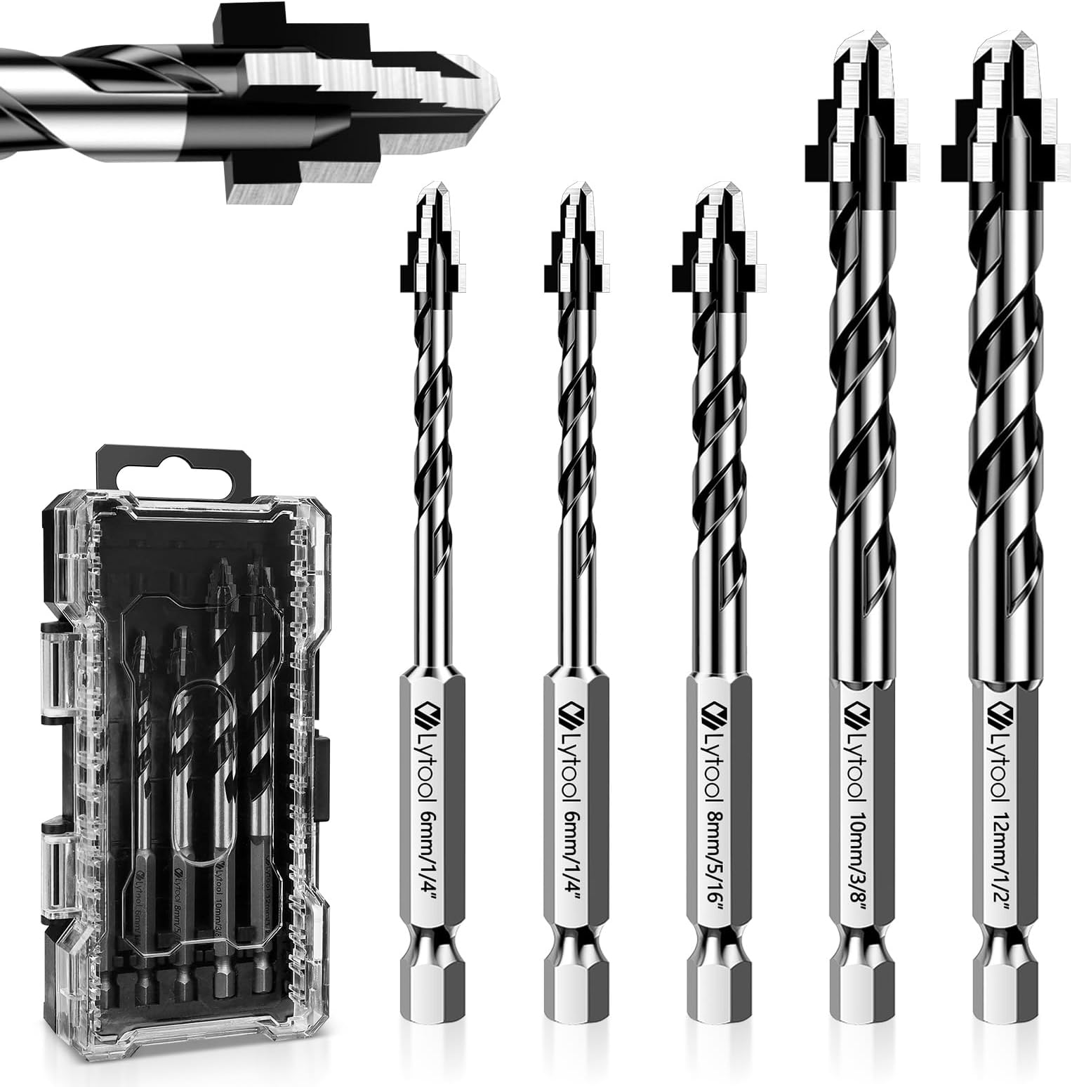 Tungsten Carbide Tile Drill Bit Set (1/4–1/2'' / 6–12mm) for Porcelain Ceramic Granite Glass Marble Wood, 1/4'' Hex Shank, 4-Cutter Eccentric Step Design, Dry & Wet Use— Metric+Imperial