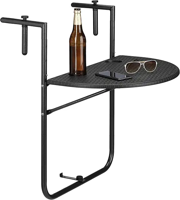 Mesa colgante de balcón plegable de mimbre negra, práctica y robusta