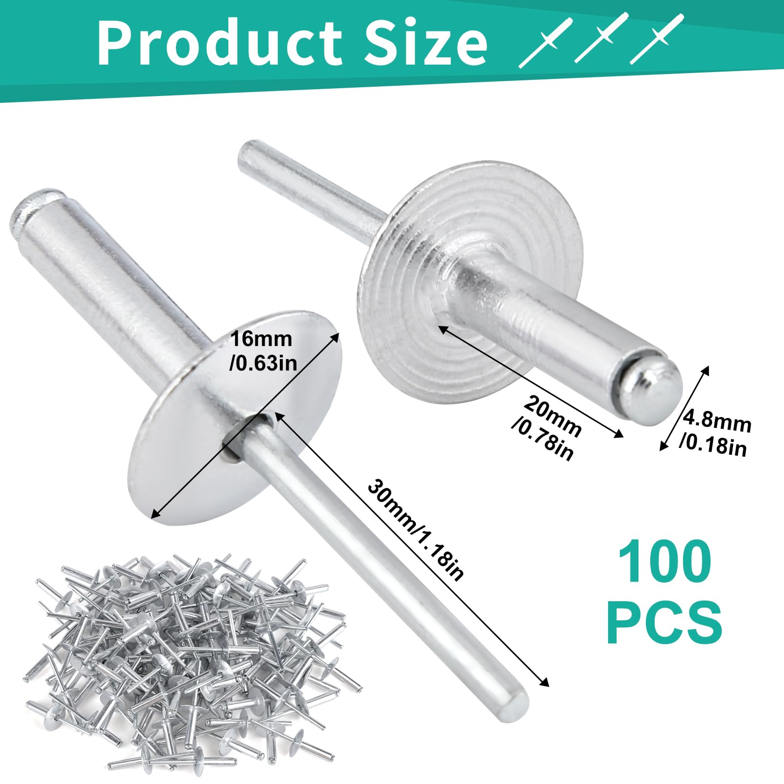 Aluminium Blind Rivets with Large Head, Flange Pop Rivets 4.8 x 20 mm (16 mm Head), Silver Rivets for Vehicles Furniture - Image 3