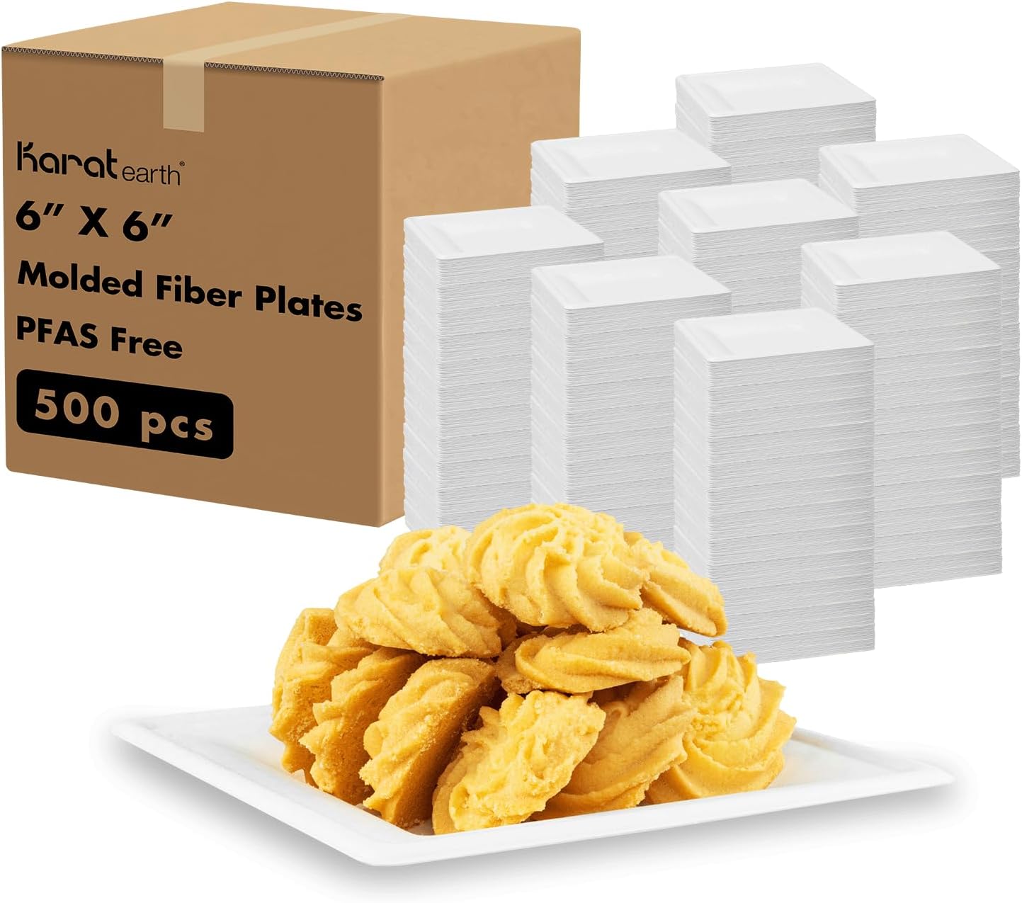 KARAT EARTH Bagasse Square Plate, Eco Friendly Disposable Plates, White - 500 pcs (6"x6")