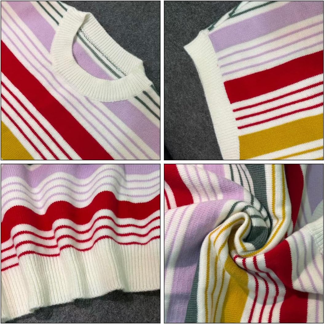 Womens Sweater Vest Round Neck Cap Sleeve Knit Sweater Colorful Striped Sweater Casual Loose Fall Tank Tops - Image 6