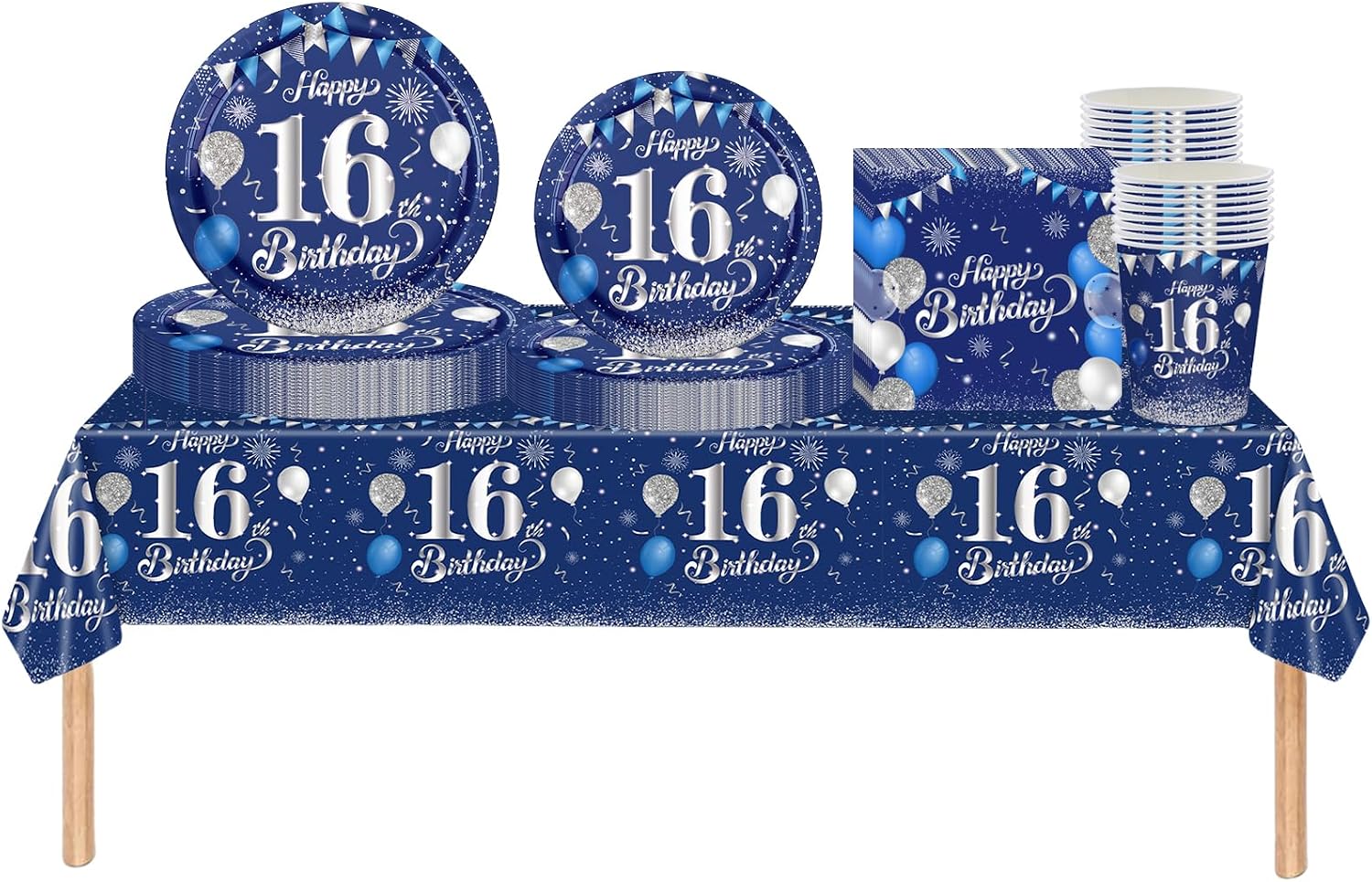 69 Piezas Juego Azul Marino Fiesta Decoración de Cumpleaños para 16 Años,Manteles Servilletas Bandejas Vasos de papel Fiesta Vajilla Cumpleaños Fiestas Decoracion de Mesa para 16 Años Niños y Niñas