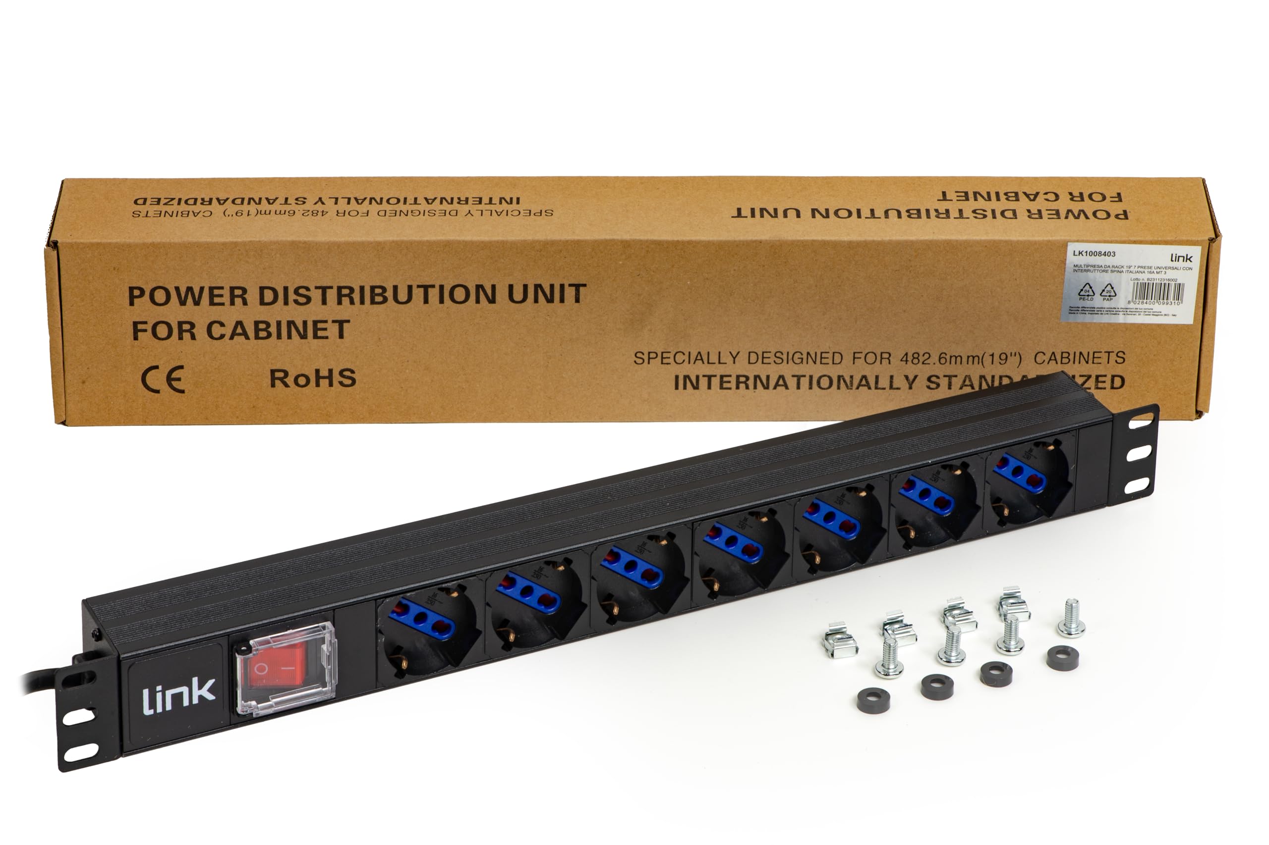 LINK Rack - Enchufe múltiple (19", 7 enchufes universales con Interruptor, Enchufe Italiano, Cable 16 A, 5 m)
