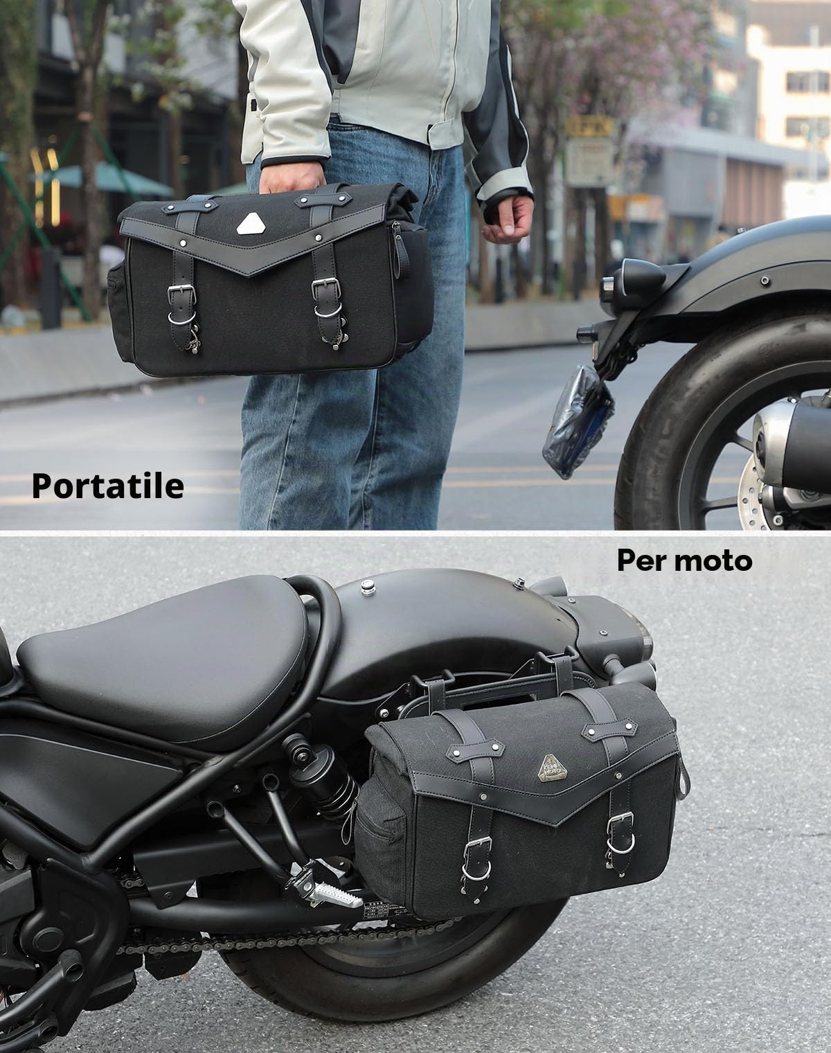 KEMIMOTO Borsa Laterale Moto Impermeabile Vintage Olio Cerato Tela Pelle