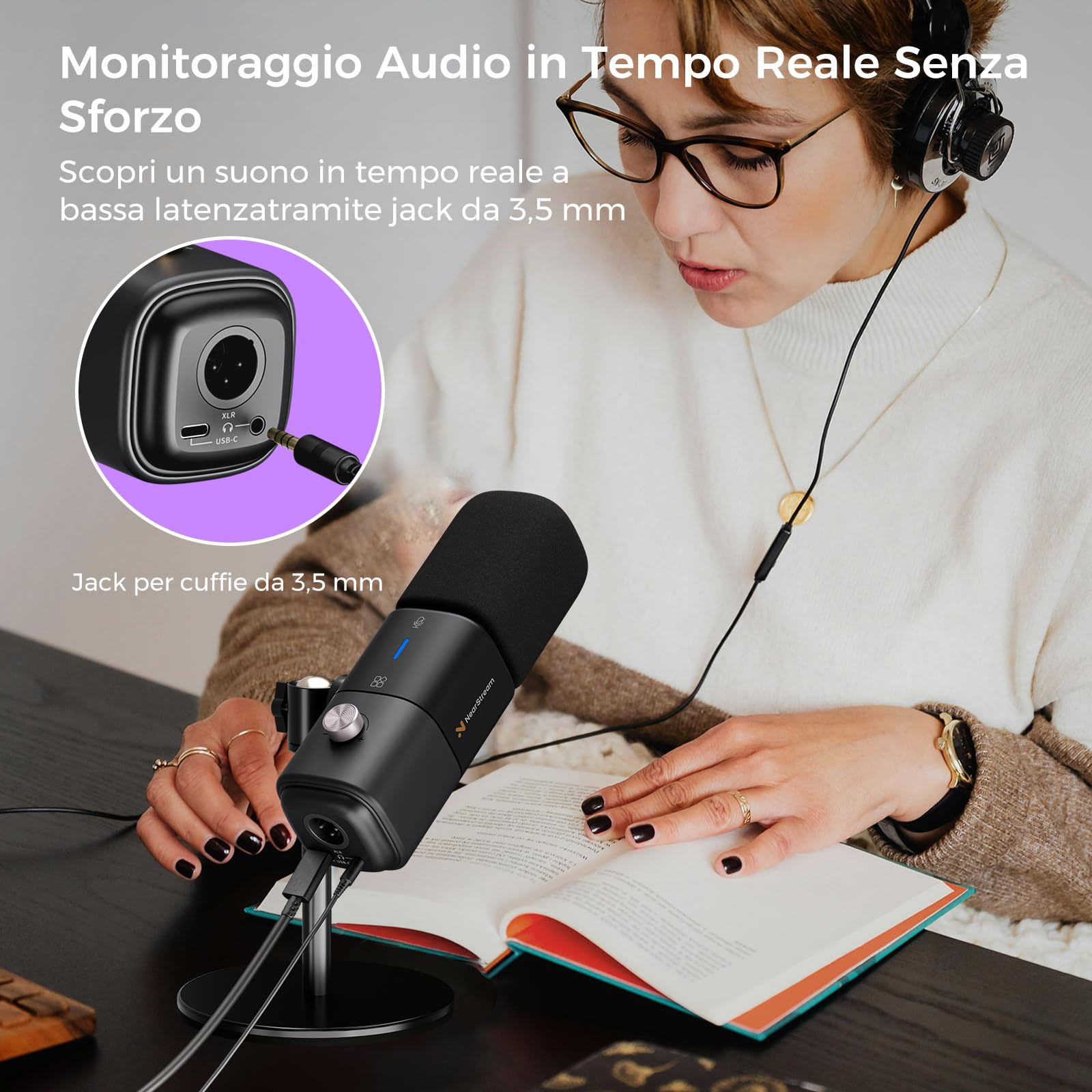 NearStream Microfono da Tavola Gaming Dinamico con Connessioni USB e XLR, Rilevamento Supercardioide & Plug and Play &Riduzione del Rumore AI&Guadagno Audio &Monitoraggio Audio,AM15X