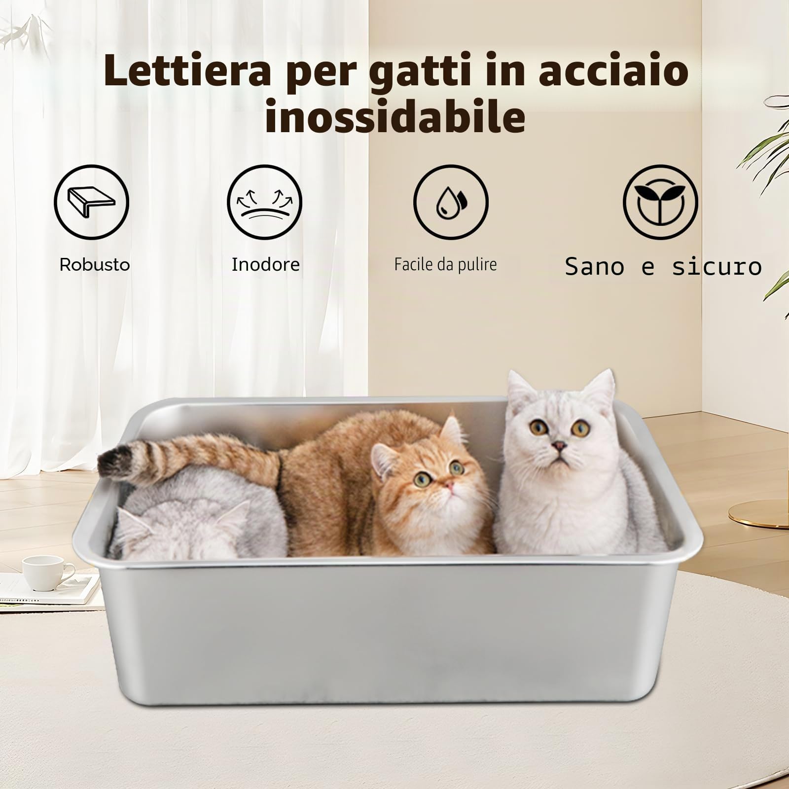 Lettiera per gatti robusta, inodore, in acciaio inox, superficie liscia e antiaderente, grande capacità per una pulizia più facile (acciaio inossidabile, 40 x 30 x 15 cm)