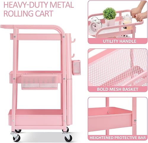 Miniatura 4 de KINGRACK Carrito con ruedas de 3 niveles, carrito utilitario de metal con asa, carrito organizador de almacenamiento multifuncional con ruedas