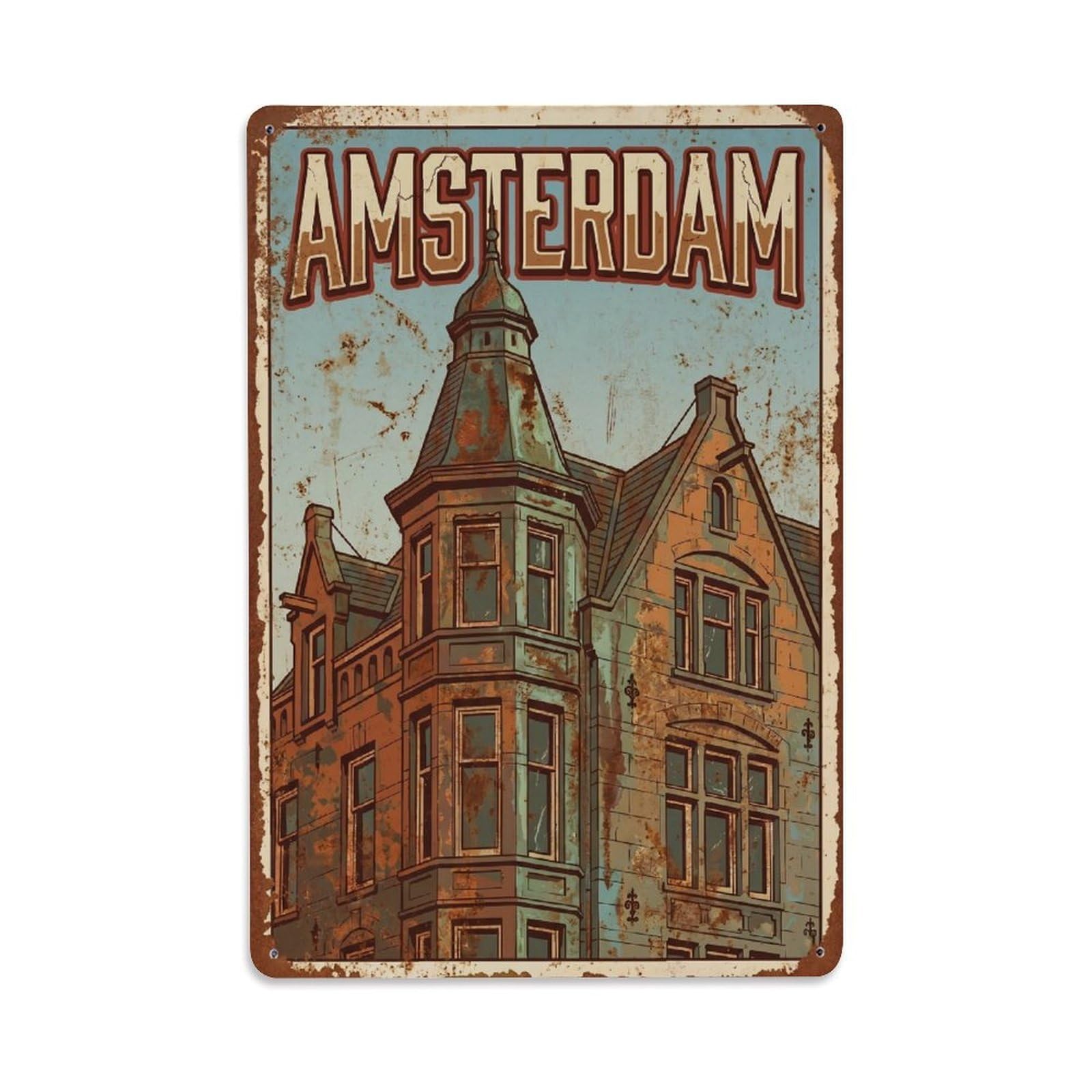 Okngb Style Turret Vintage Architecture Amsterdam Landmark Travel Metal Tin Sign Plaque Wall Decor For Cafe, Man Cave, Club Bar, Office, Home Garden Round Metal Poster 8X12inch