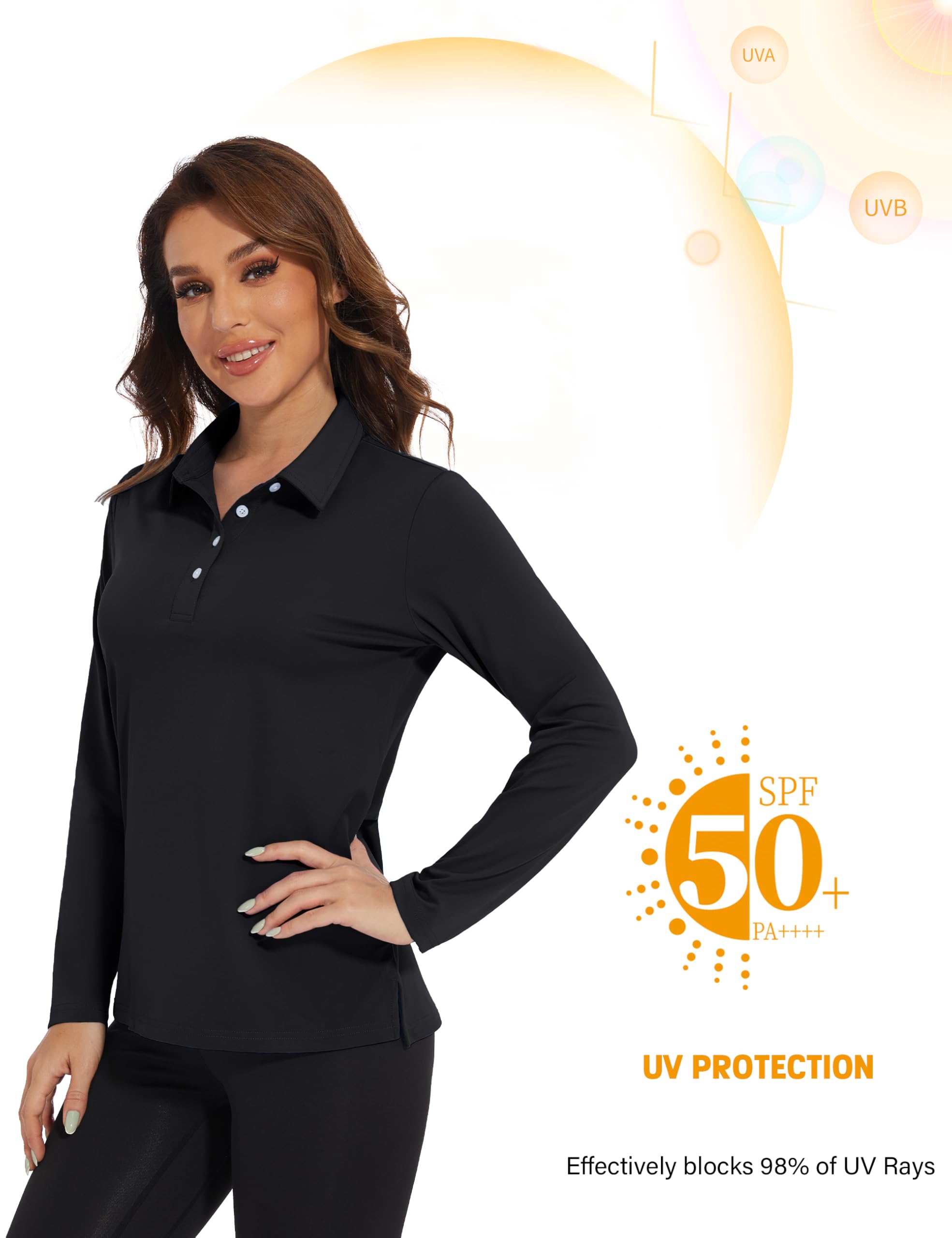 MAGCOMSEN Polo da donna a maniche lunghe, UPF 50+, da golf, ad asciugatura rapida, traspirante, funzionale, Nero , XXL