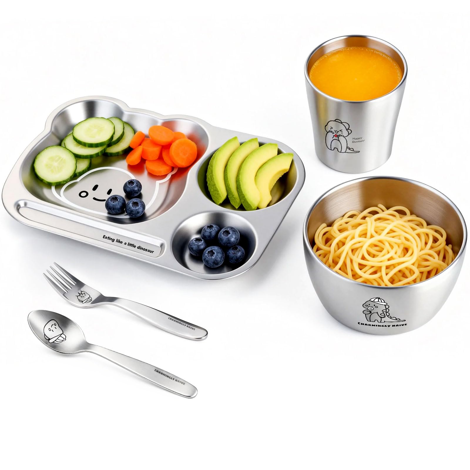 Greentainer Edelstahl Baby Geschirrset, Kindergeschirr-Set aus Edelstahl,5-teiliges Mehrweg Geschirr-Set,Becher, Schüssel, Teller, Löffel & Gabel für Kinder