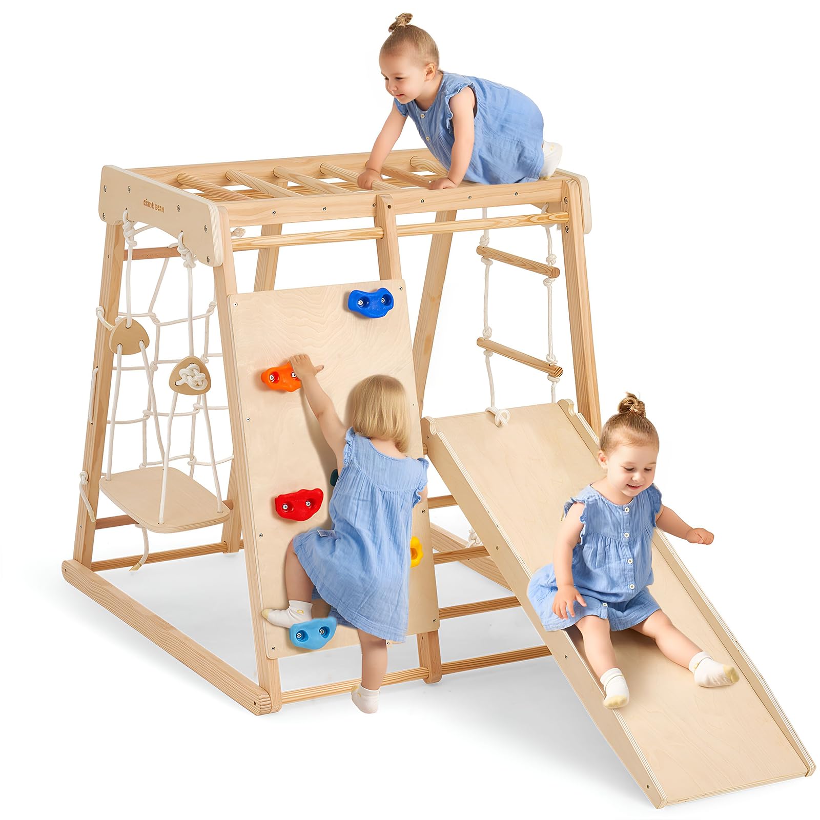 Indoor Klettergerüst ab 1-3 Jahre 7 in 1 Montessori Klettergerüst Großes Klettergerüst aus Holz Klettergerüst mit Rutsche, Holz Kletterturm mit Leiter und Rutschbahn für Kinder (1-3 Jungle Gym)