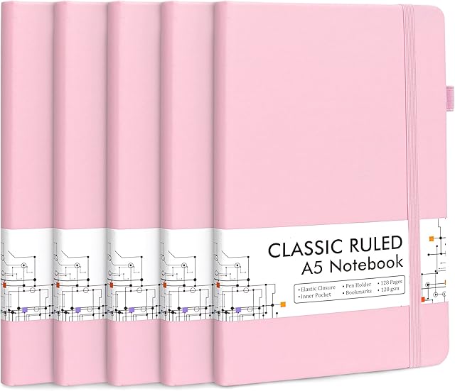 feela 5 Pack Journal Notebook Bulk School, Hardcover Business Notebooks Classic Ruled Lined Journals Pen Holder Work Note Taking, 5 Black Pens, 120 GSM, 5.1x8.3, A5, Rose Pink (CRNA5x5-rose pink04)