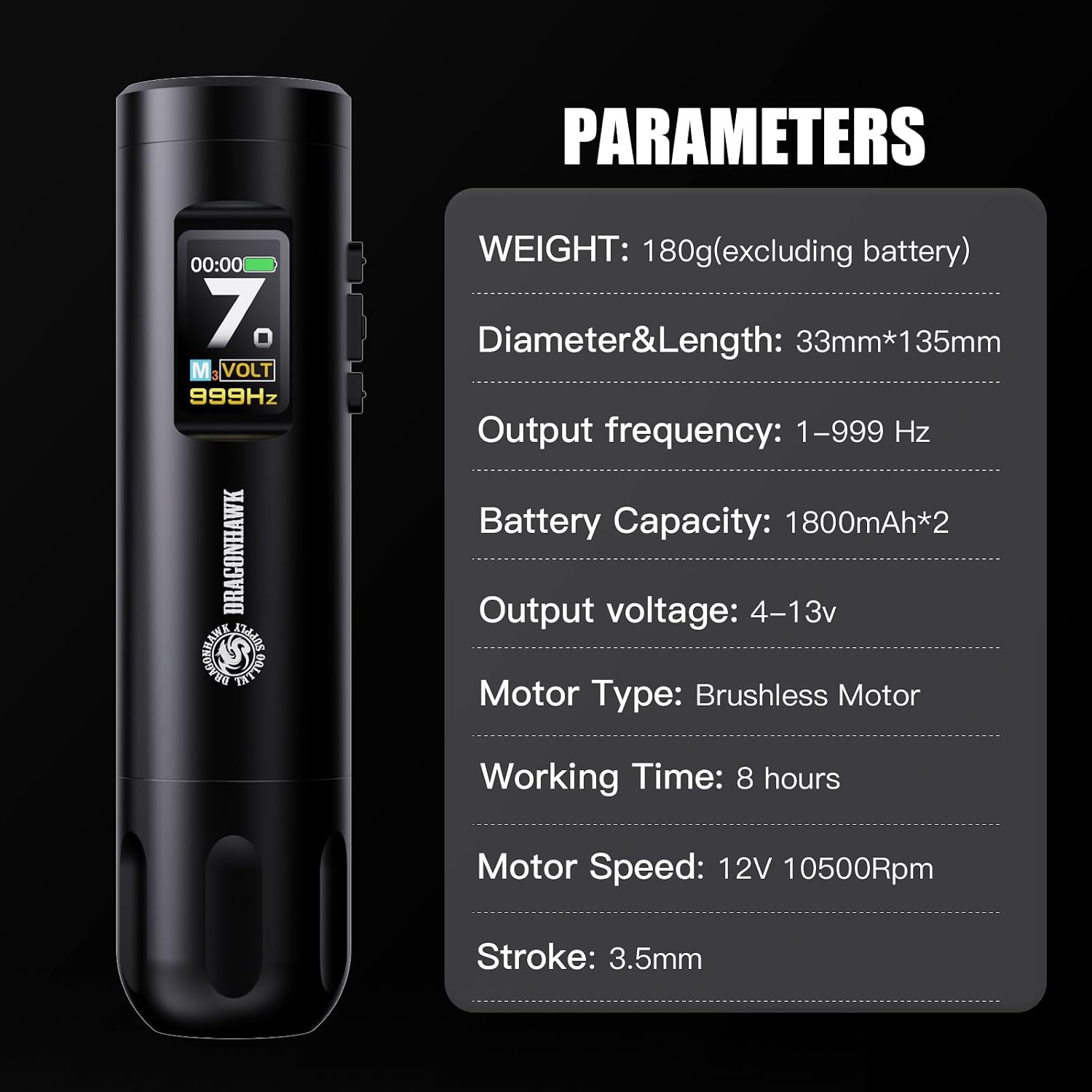 Dragonhawk X7 Tattoo Pen Machine Parameters