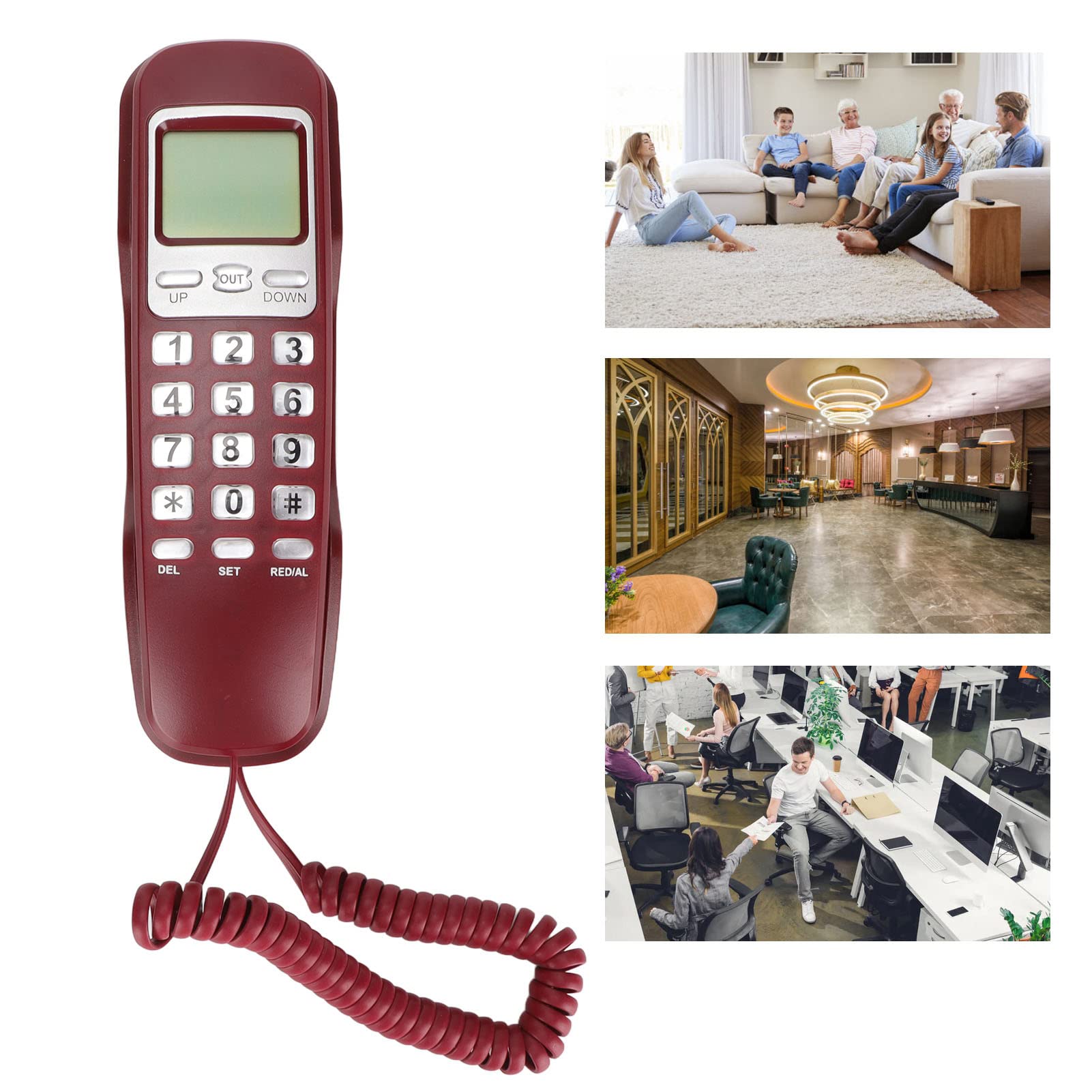 ASHATA Schnurgebundenes Telefon, Kleines Kabelgebundenes Festnetztelefon mit LCD-Display, Schnurgebundenes Telefon mit Flash-Wahlwiederholung für das Home Office(Rot)