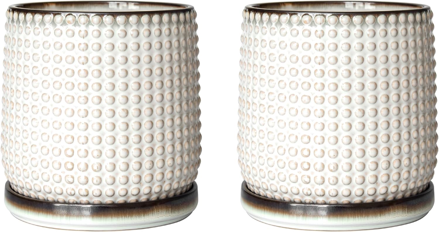 D'vine Dev Set of 2 Ceramic Plants Pots, 6 Inch Beaded Stoneware Flower Pot for Plants with Drainage Hole and Saucer, Smoked White, 27-E-X-1 - Image 7