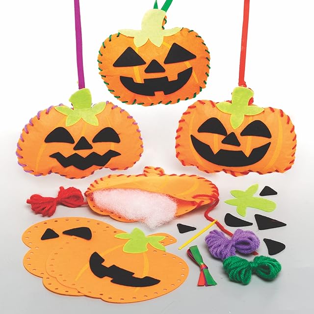 Baker Ross FE772 Pumpkin Decoration Sewing Kits - Pack of 3, Sewing Set for Children, Creative Activities for Kids, Ideal Halloween Arts and Crafts Project, Pumpkin
