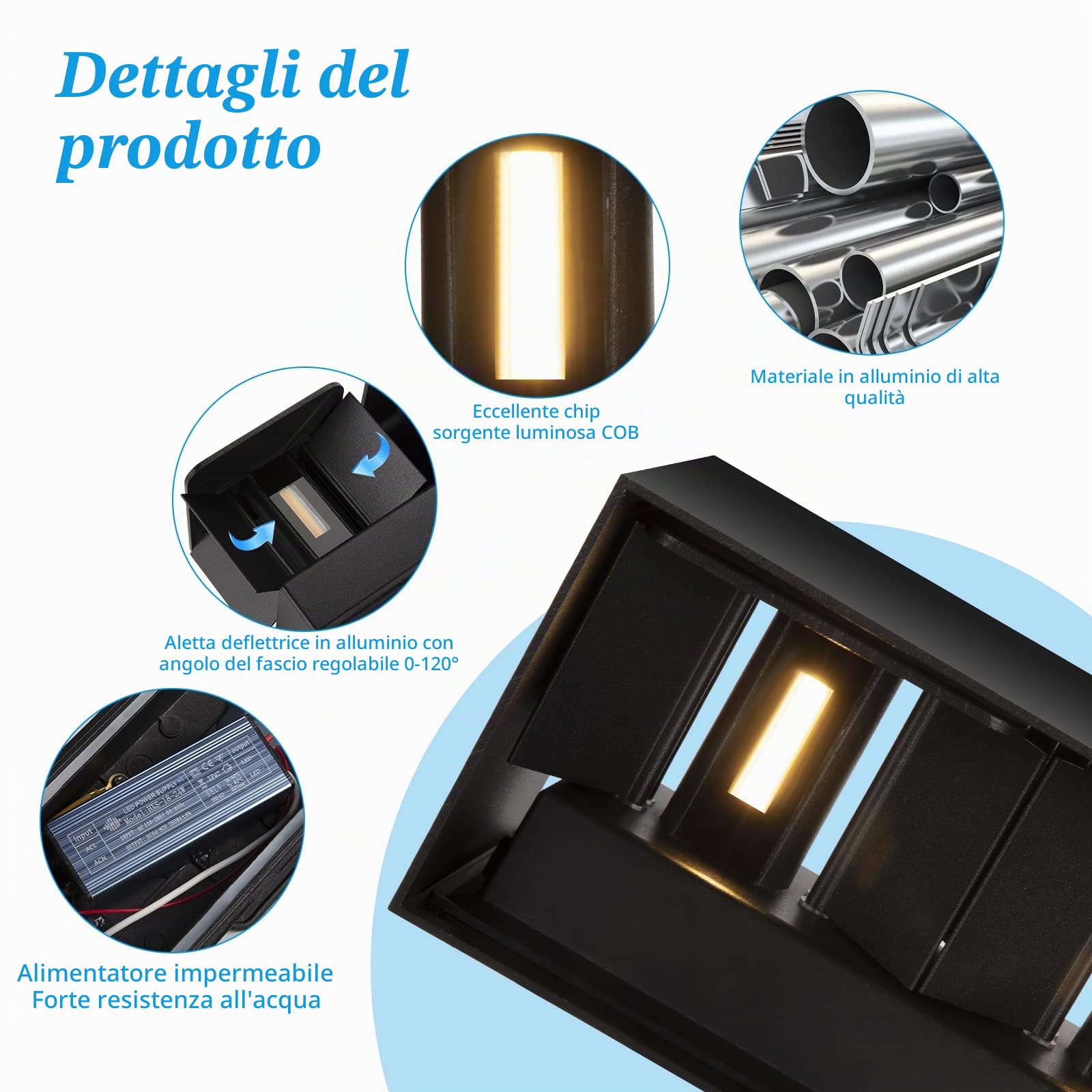 4 lampade da parete a LED da 24 W, per interni/esterni, colore nero, lampada da parete regolabile su e giù, lampada da parete per esterni, luce bianca calda, 3000 K, IP65, impermeabile