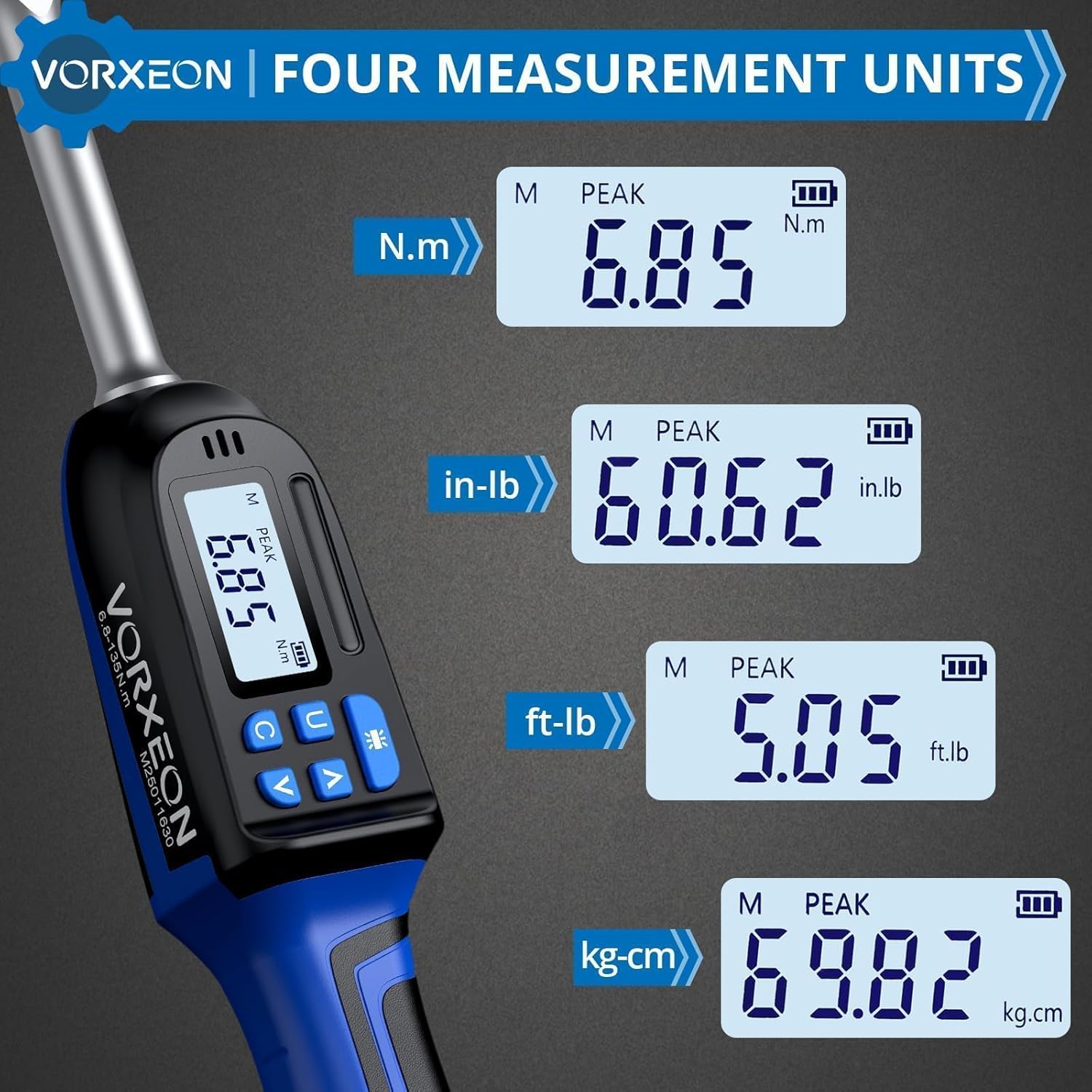3/8 Digital Torque Wrench (4.9-99.6 Ft-Lb/6.8-135 Nm) ±2% Precision, LED+Buzzer Alerts, 4 Units – Nm, Ft-Lb, In-Lb, Kg-Cm
