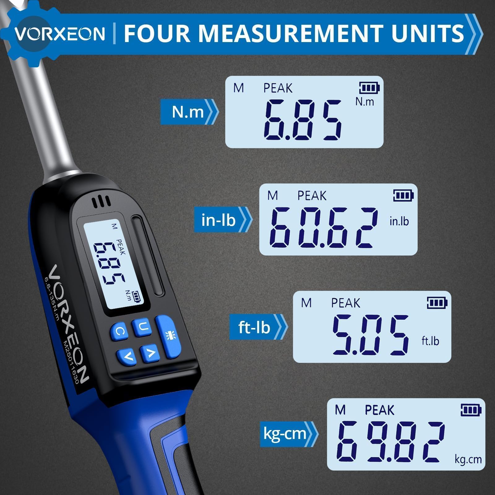Clé dynamométrique numérique 3/8" Drive avec valeur prédéfinie, modes Track and Peak, alertes LED et buzzer, 4 unités de mesure pour vélo, moto, voiture, 6,8-135 Nm