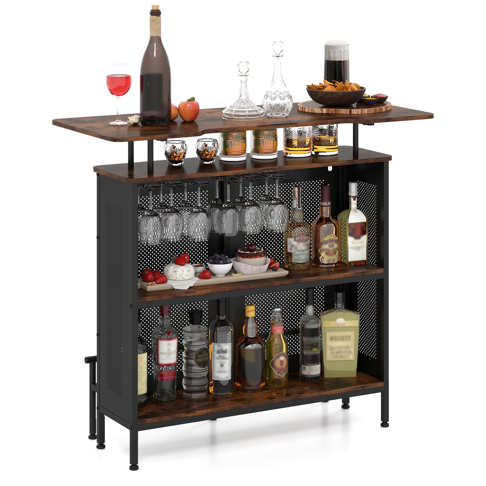 KOMFOTTEU Table de Bar avec 1 Étagère surélevée et 6 Porte-gobelets, Table à Vin à 4 Niveaux, Tables pour Boire Cuisine, Repose-Pieds, Style Industrielle, noir, 120 x 50 x 106,5 cm (Rectangulaire 2.0)