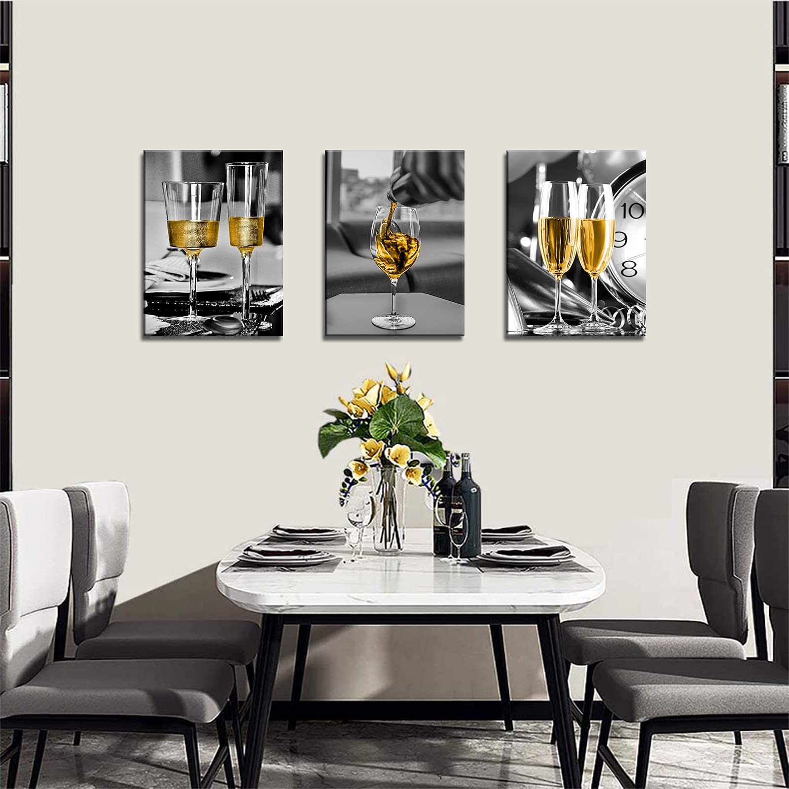 Kitchen Wall Art Dining Room Decor Wine Champagne Glass Black and White Framed Canvas Prints Artwork for Living Room and Kitchen Decorations