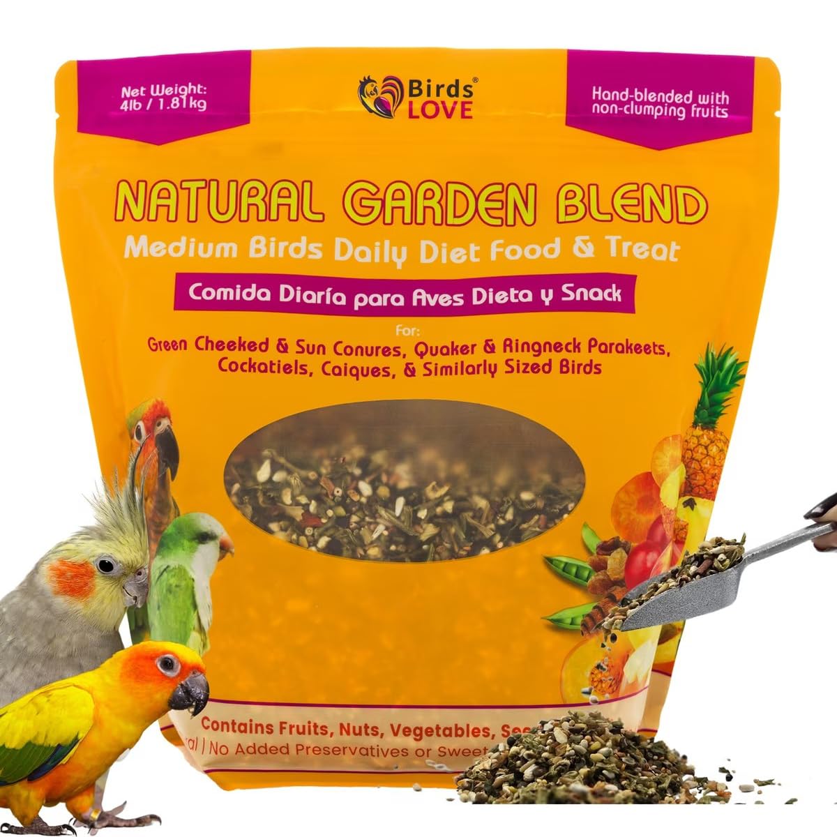 Birds LOVE All Natural Garden Blend Bird Food for Medium Birds - Cockatiels, Green Cheek Conures, Ringneck Parakeets and Small Quakers 4lb