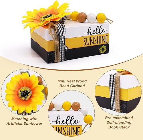 Miniatura 3 de Mini pila de libros de madera de girasol, bandeja escalonada, decoración de Hello Sunshine Verano, mini libros de imitación, guirnalda de cuentas de