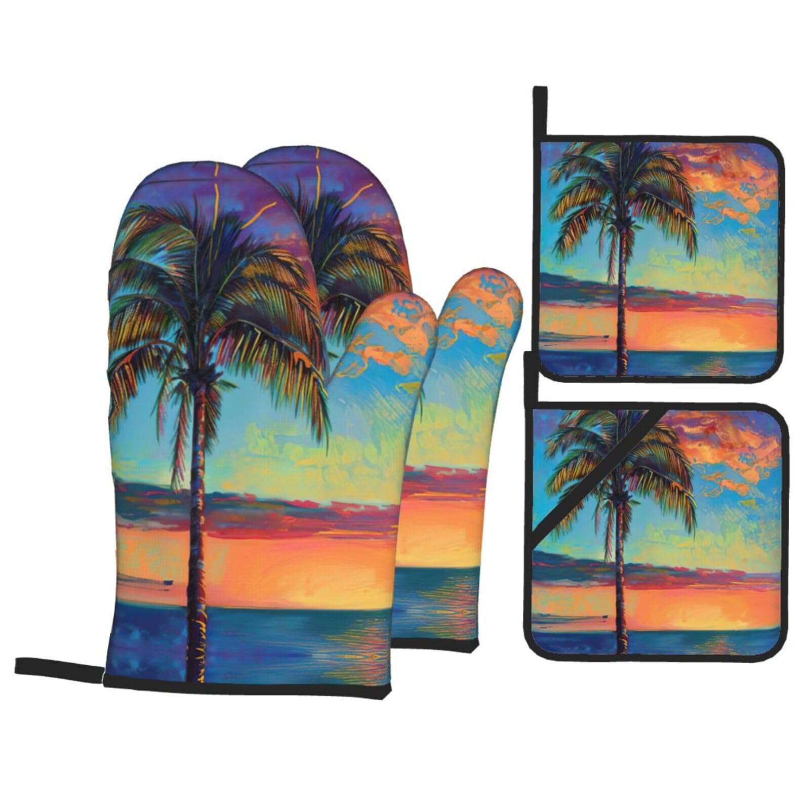 Sunset Palm Print Stylish 4-Piece Microwaving Oven Waterproof Kitchen Gloves Baking Holiday Cooking