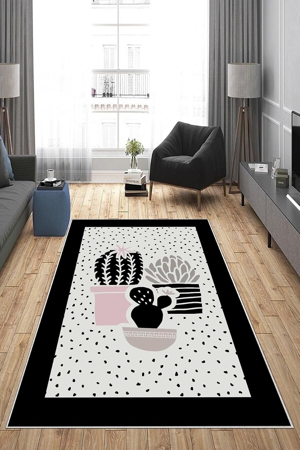 Pelangi Gri Renkli Kaktüs Desenli Yıkanabilir Kaymaz Taban Leke Tutmaz Modern Salon Halısı Ve Yolluk, Siyah-Gri 100 x 300, 135819010030005