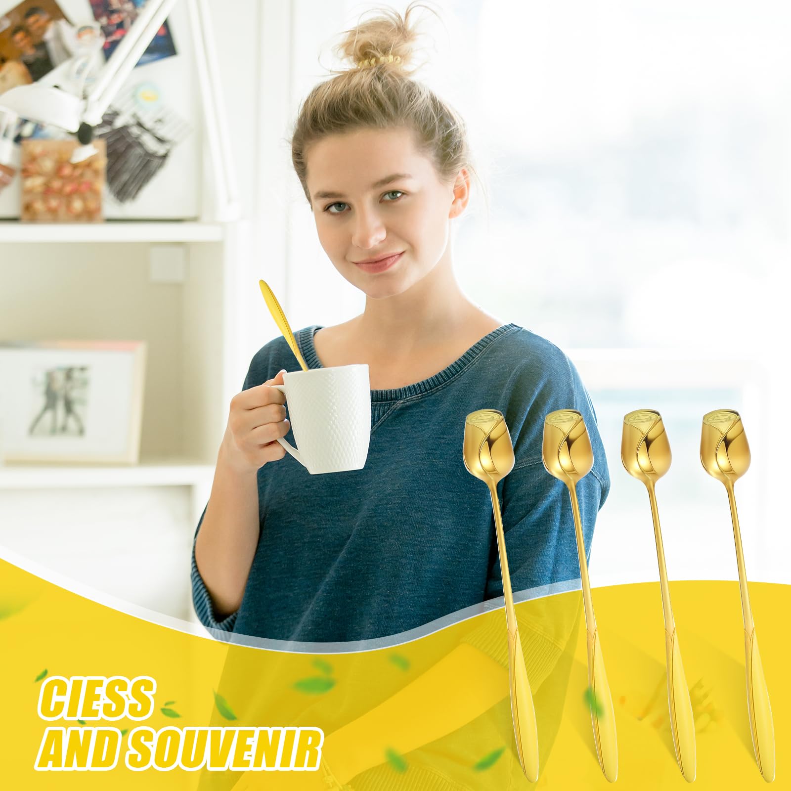 50 cucharas de té con forma de rosa para invitados, 5.2 pulgadas, mini cucharaditas de postre de flores doradas para fiesta de té, despedida de soltera, recuerdo de invitados