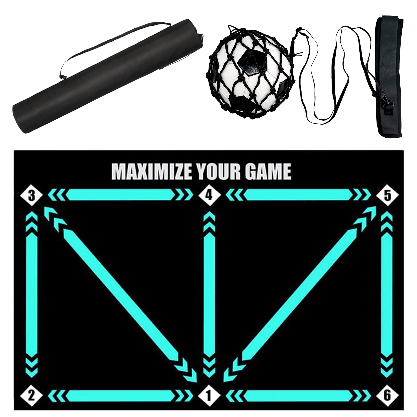 Doskona Football Footstep Training Mat, Soccer Training Mat 35 * 24IN, Soccer Skills Training Equipment with Storage Bag and Soccer Return Trainer Net (Black-Blue)