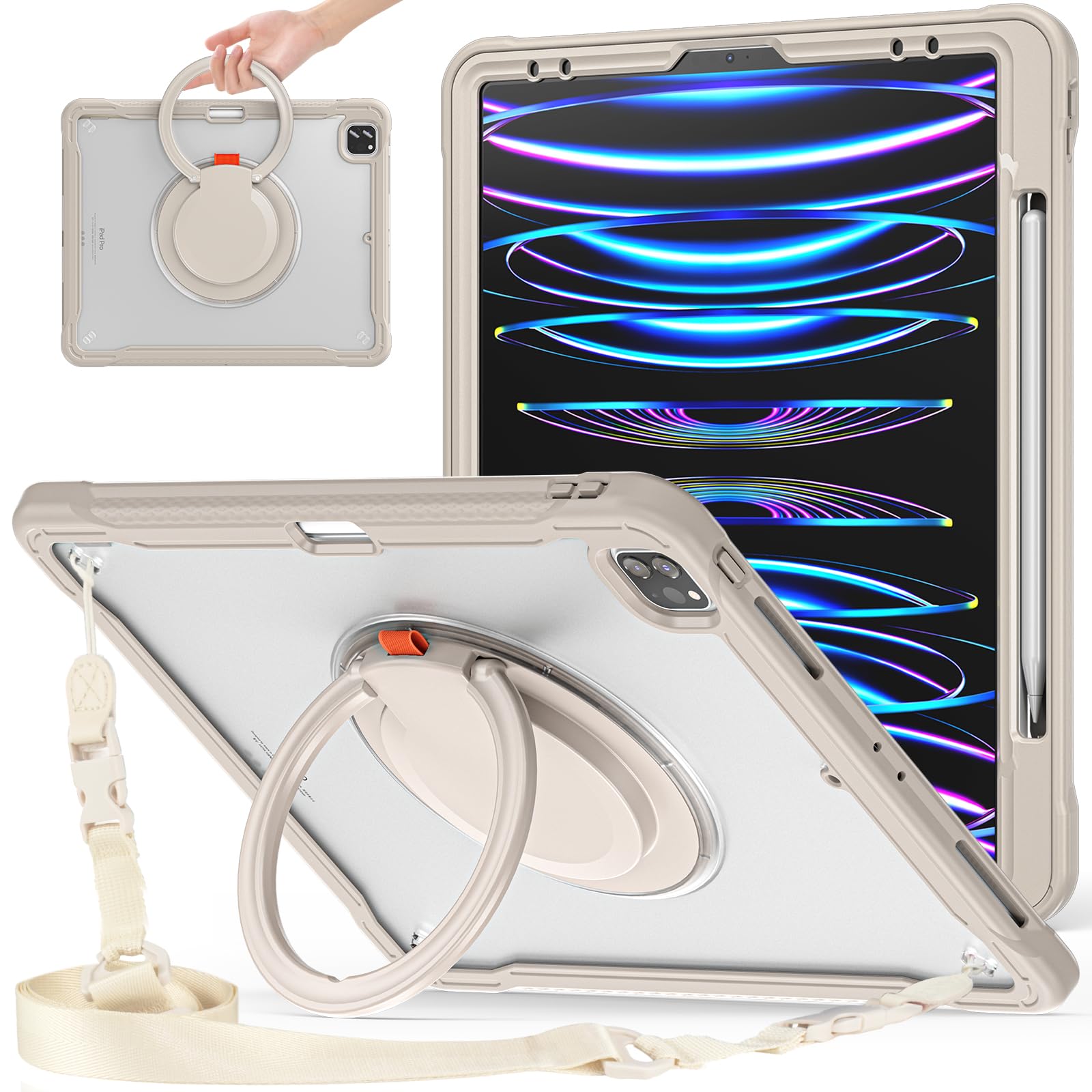 PboyiqiS For iPad Air 13 インチ2026(M4)/2025(M3)/2024(M2)半透明ケース,Aslo For iPad Pro 12.9インチ半透明ケース,360°回転スハンドホルダー ス,スタンド機能 耐衝撃 頑丈 調節可能肩掛けー付き 落下防止 アウトドア,多機能実用全面保護ケース ペンホルダー付き (iPad Air 13/Pro 12.9, カーキ)